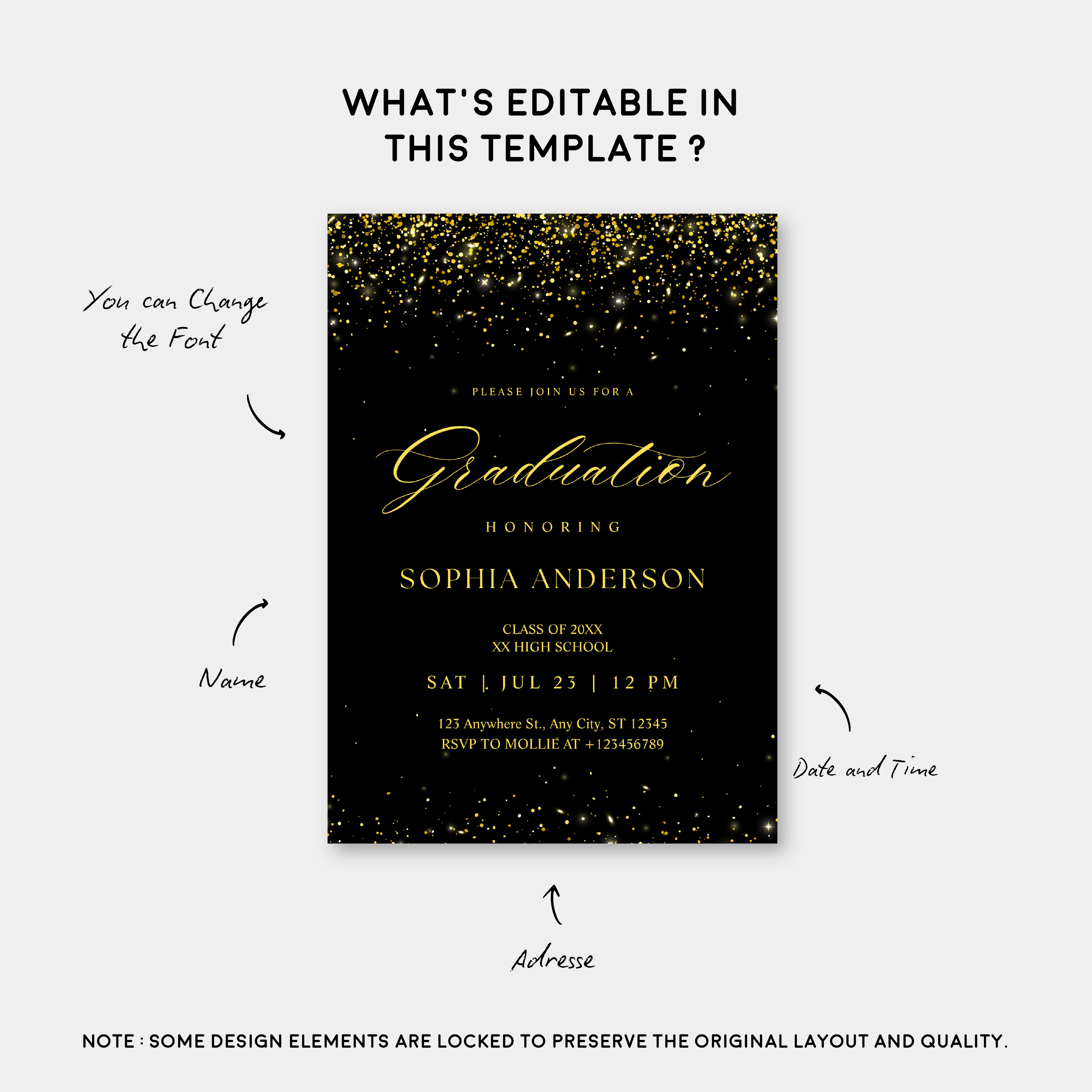 Elegant Black & Gold Graduation Invitation | Faux Gold Confetti Graduation Party Invite