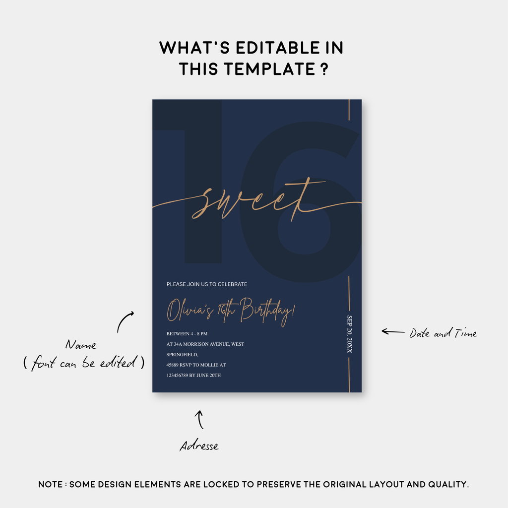 Modern Navy Blue & Gold Sweet 16th Birthday Invitation – Editable Canva Template