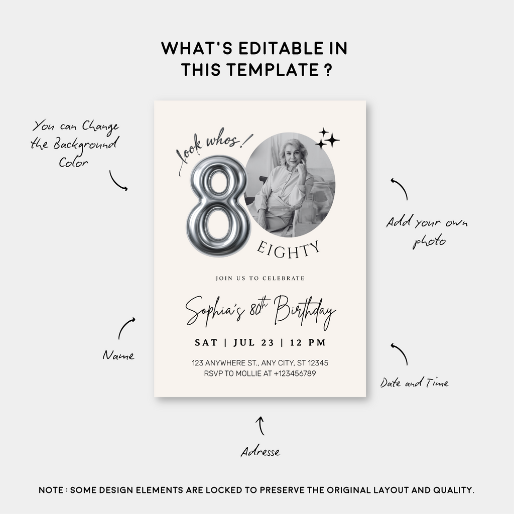 Editable 80th Birthday Photo Invitation Canva Template Silver Balloon Minimalist Party Invite Instant Download