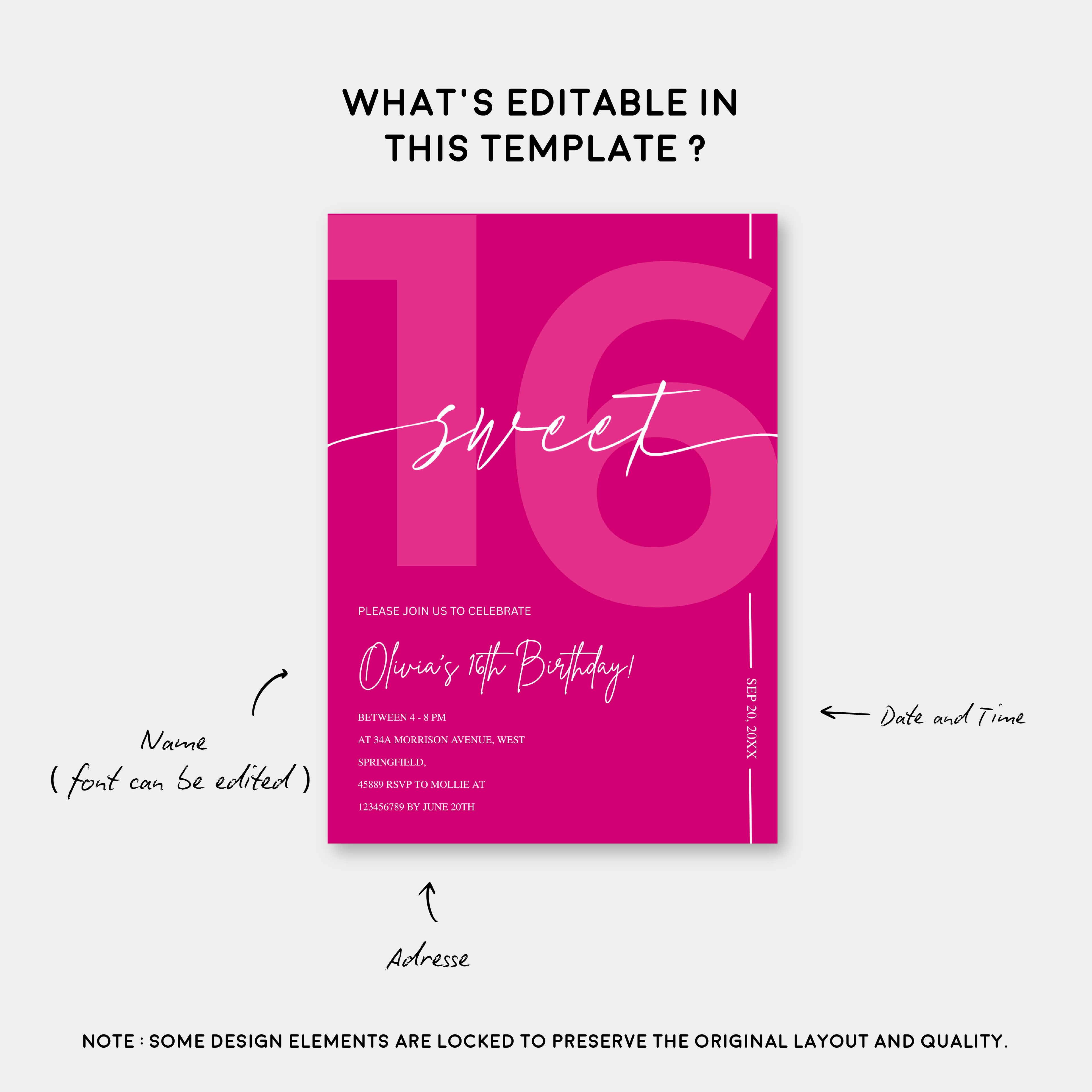 Modern Pink Sweet 16th Birthday Invitation – Editable Canva Template