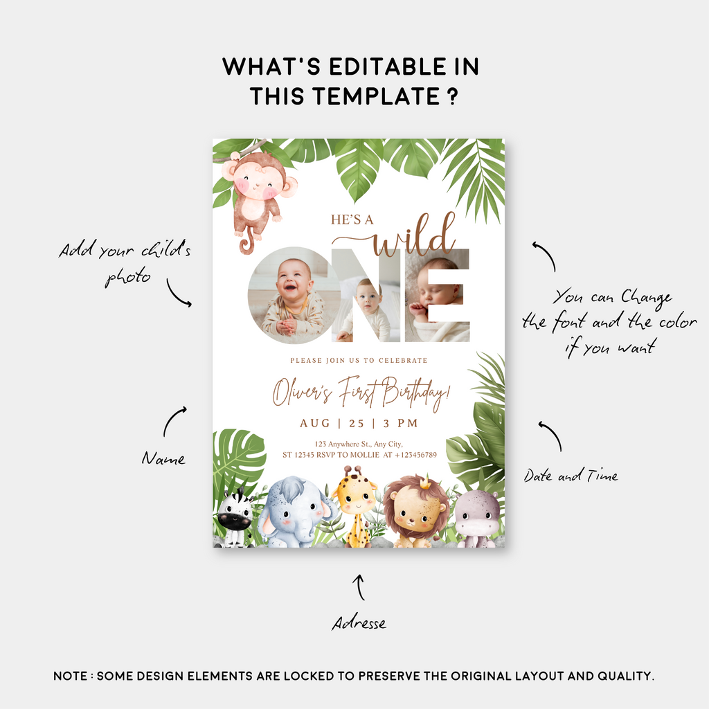 Editable Wild One Jungle 1st Birthday Photo Invitation | Safari Baby Canva Template – Instant Download