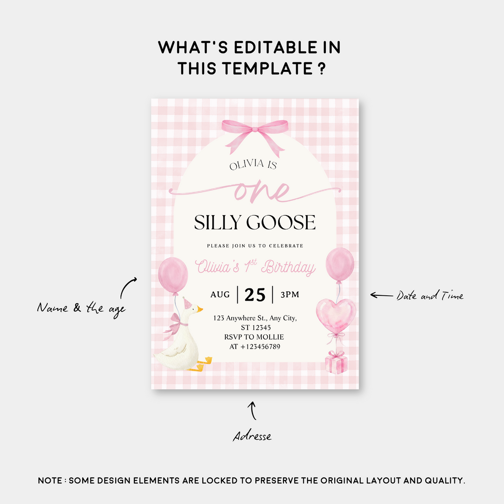 Editable One Silly Goose 1st Birthday Invitation | Pink Bow Gingham Canva Template – Instant Download