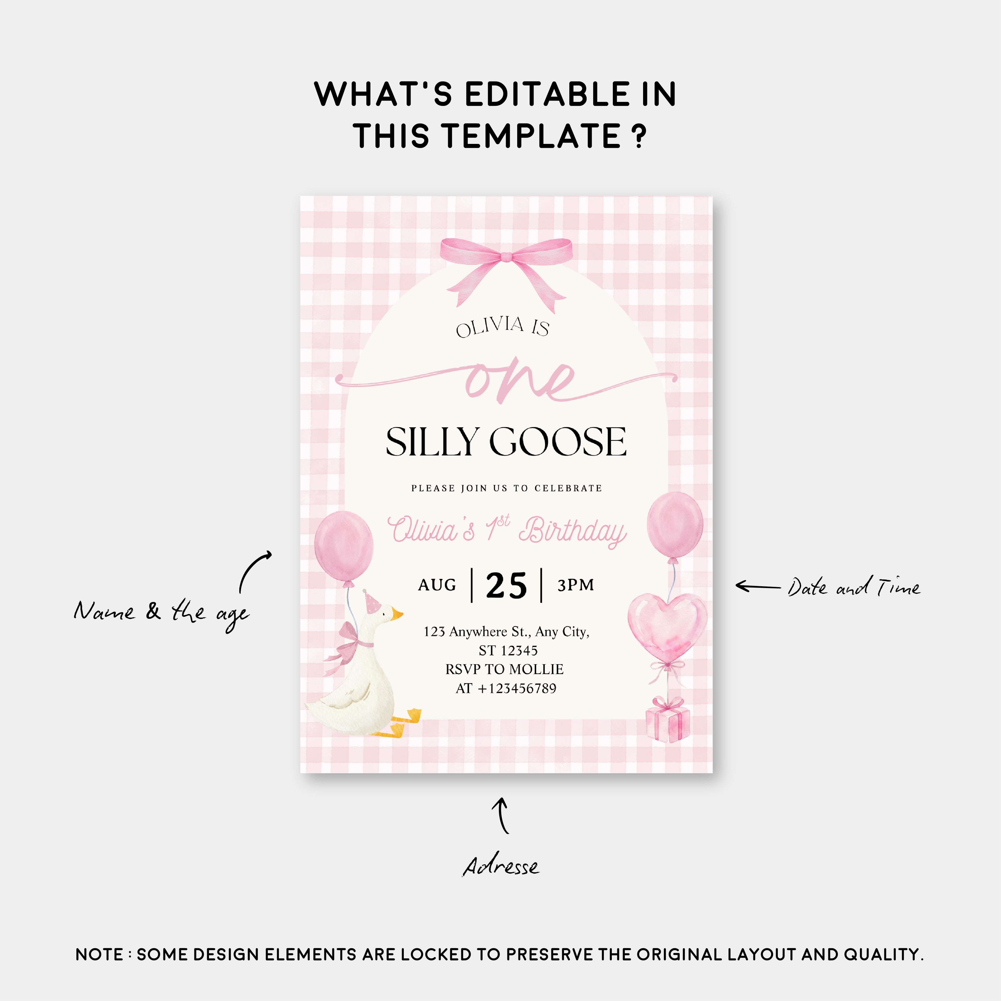 Editable One Silly Goose 1st Birthday Invitation | Pink Bow Gingham Canva Template – Instant Download