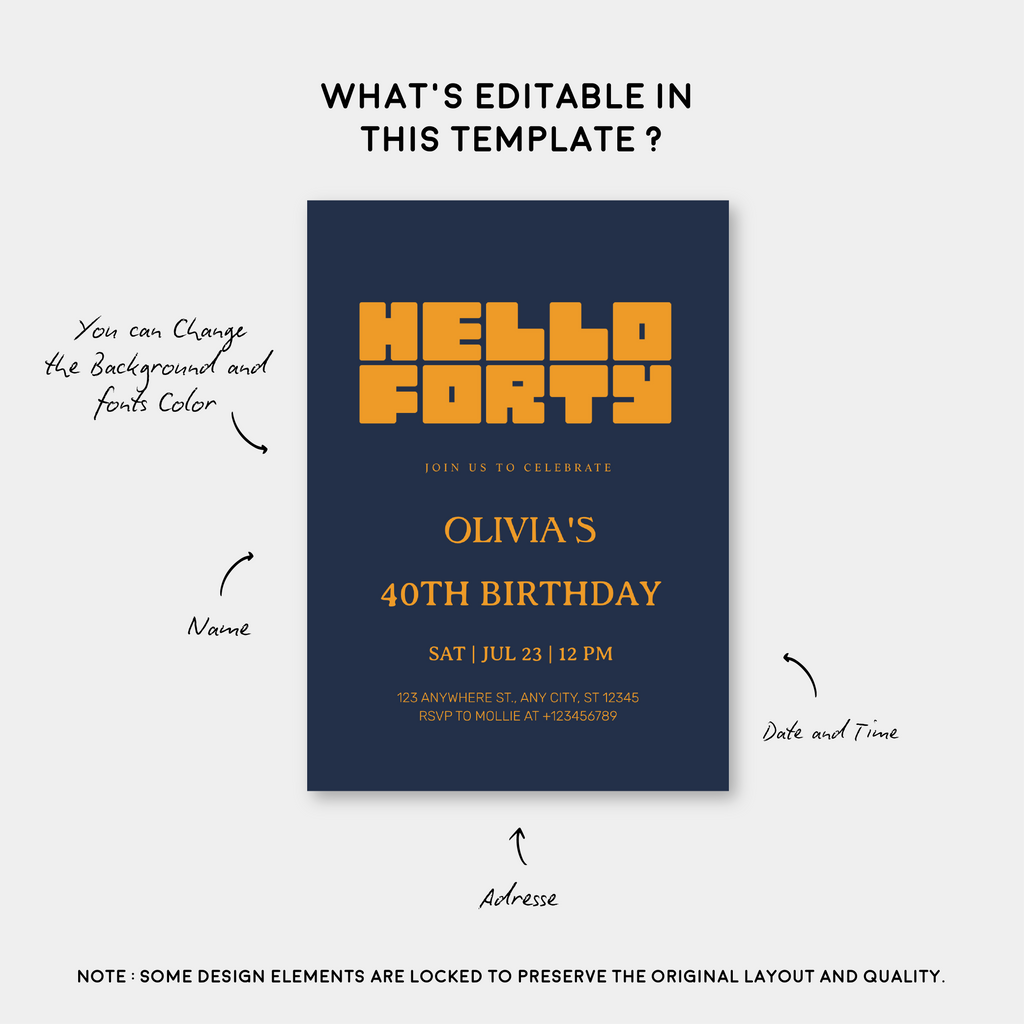 Hello Forty Navy Blue 40th Birthday Invitation | Modern Milestone Party Invite | Elegant Birthday Celebration