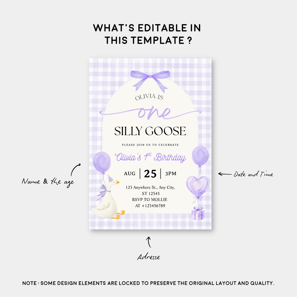 Editable One Silly Goose 1st Birthday Invitation | Purple Bow Gingham Canva Template – Instant Download
