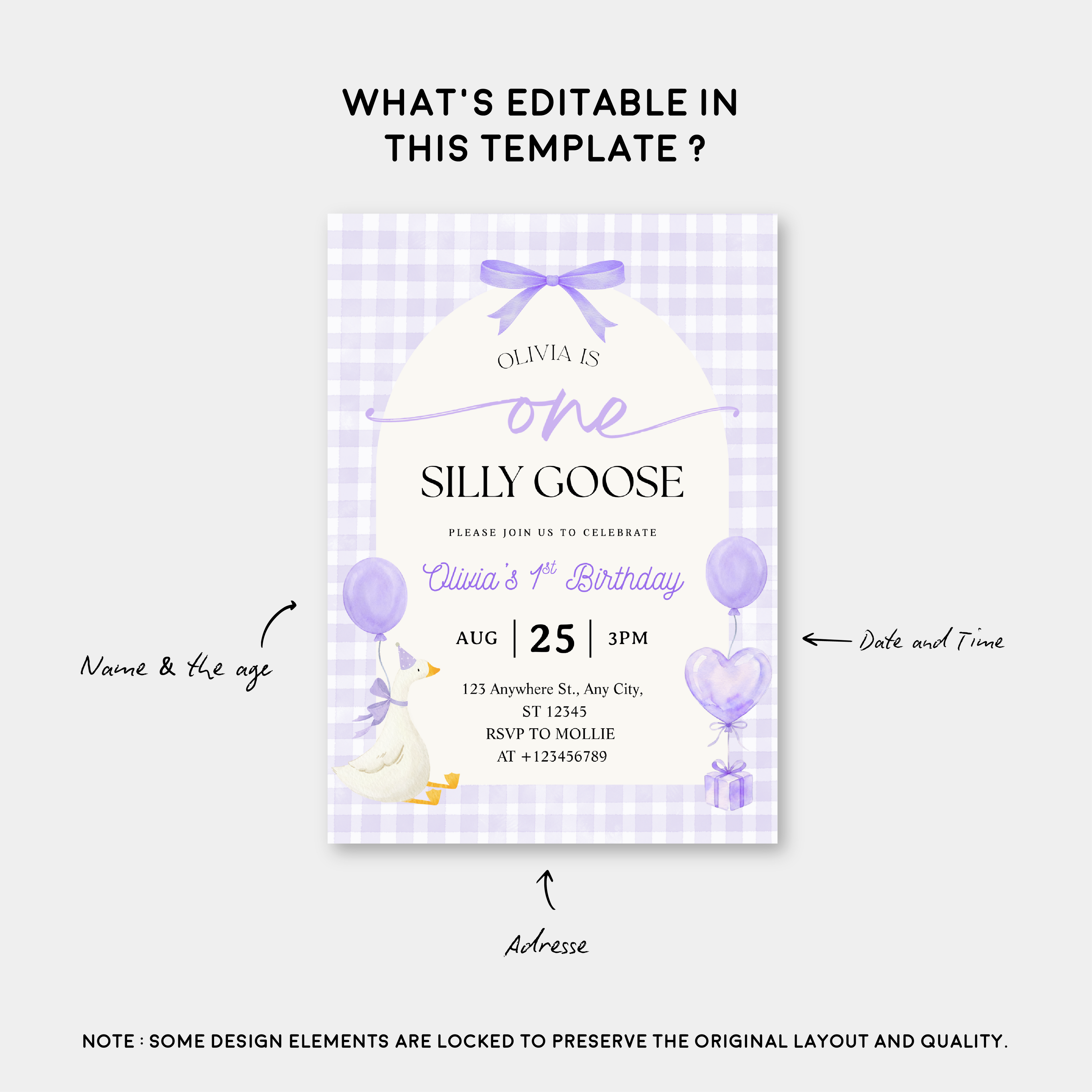 Editable One Silly Goose 1st Birthday Invitation | Purple Bow Gingham Canva Template – Instant Download