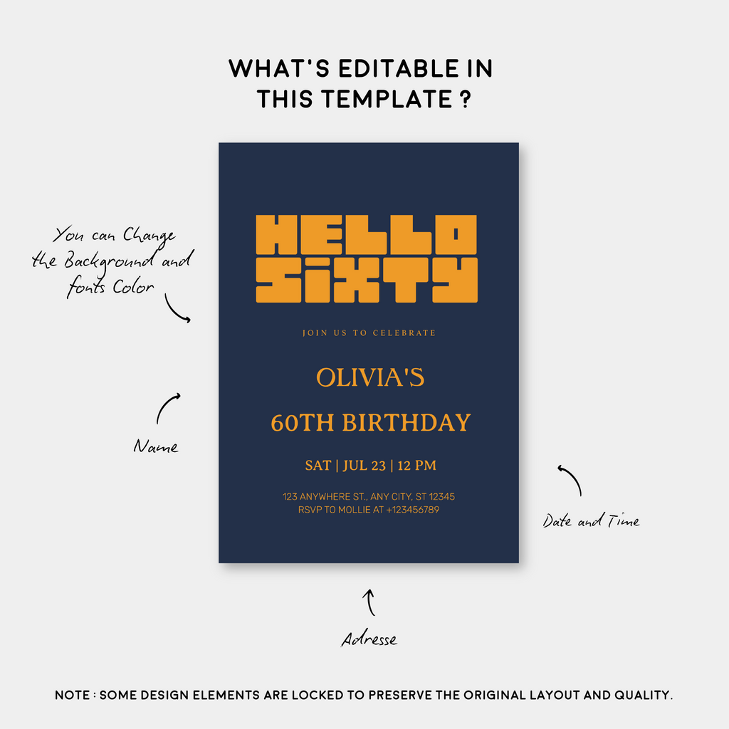 Hello Sixty Navy Blue 60th Birthday Invitation | Modern Milestone Party Invite | Elegant Birthday Celebration
