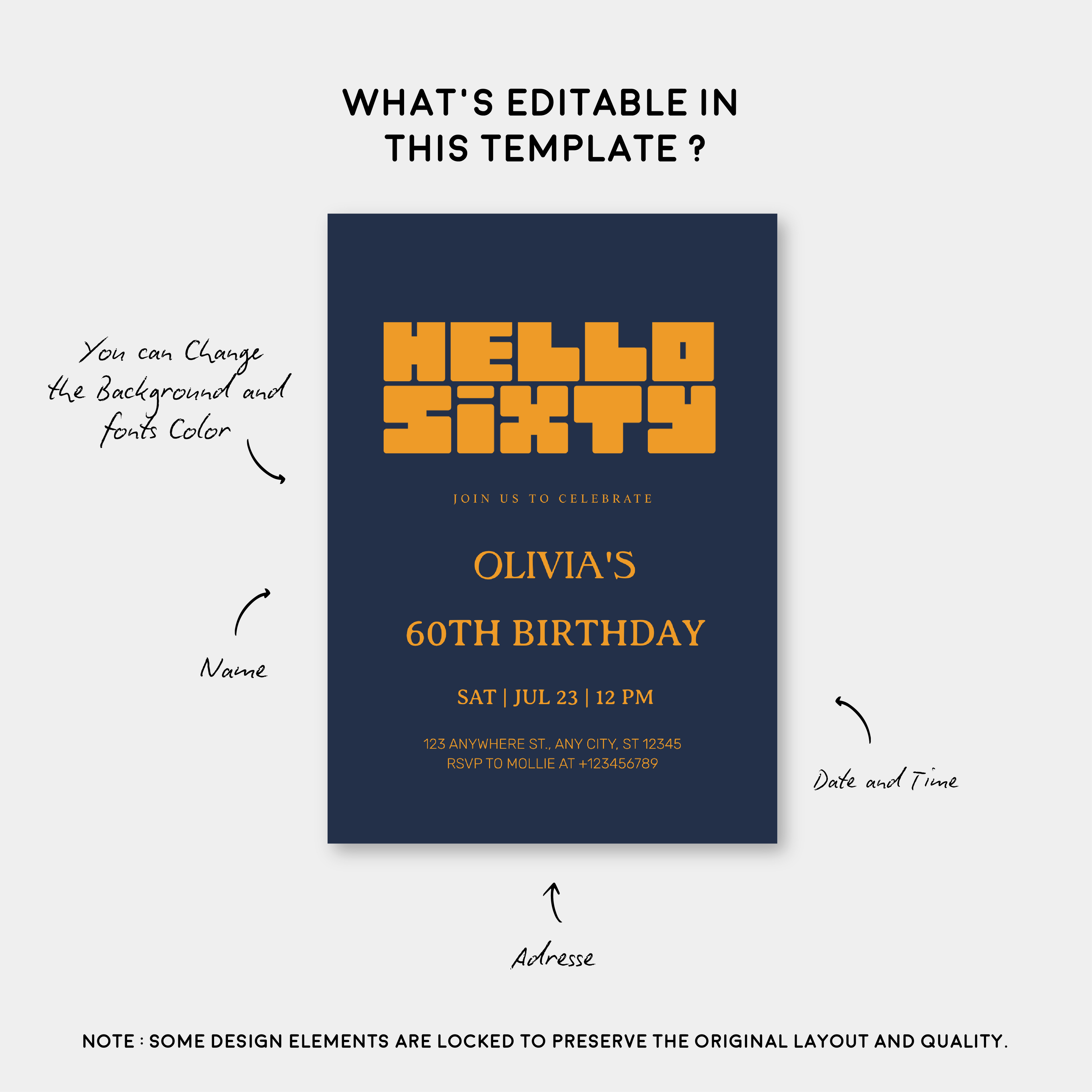 Hello Sixty Navy Blue 60th Birthday Invitation | Modern Milestone Party Invite | Elegant Birthday Celebration