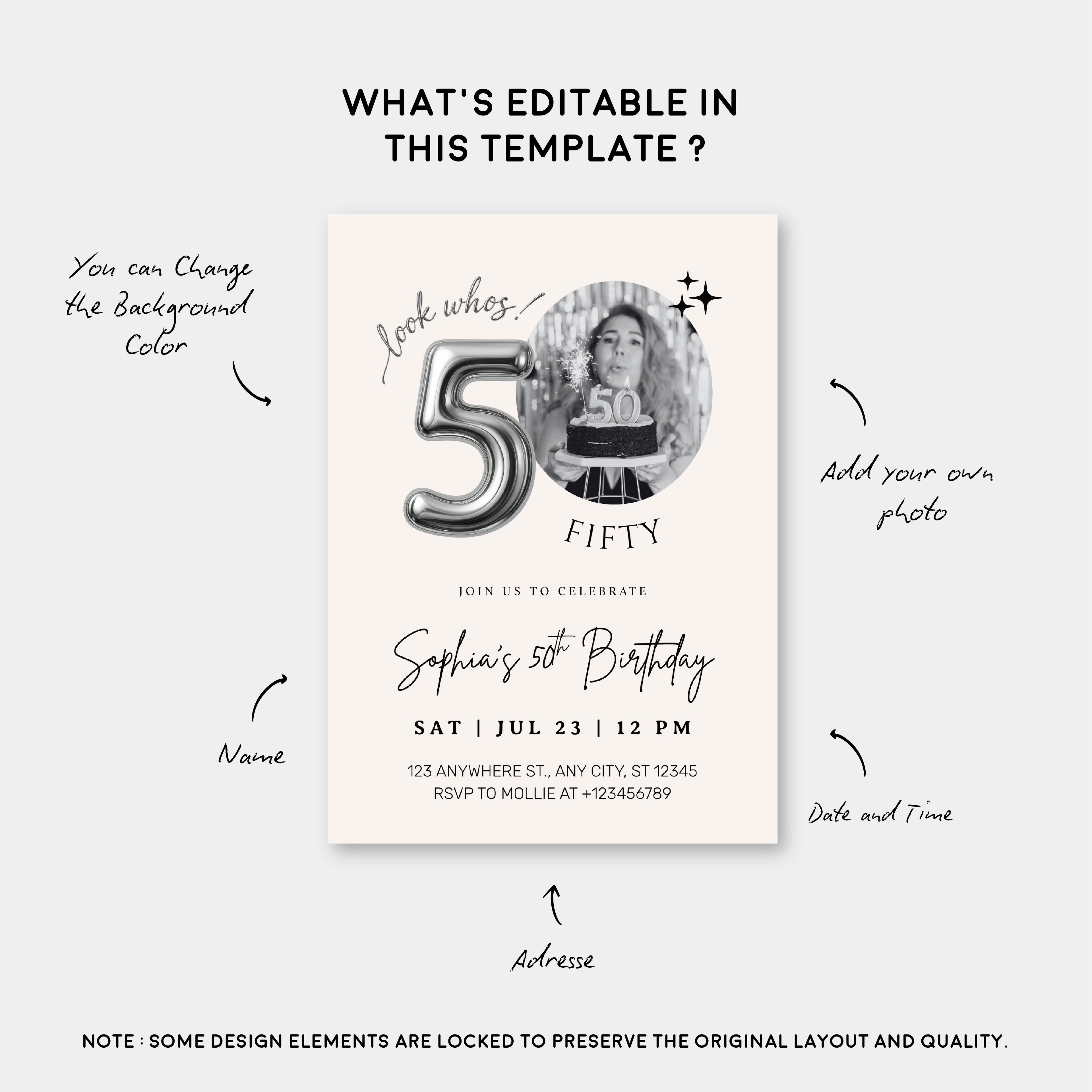 Editable 50th Birthday Photo Invitation Canva Template Silver Balloon Minimalist Party Invite Instant Download