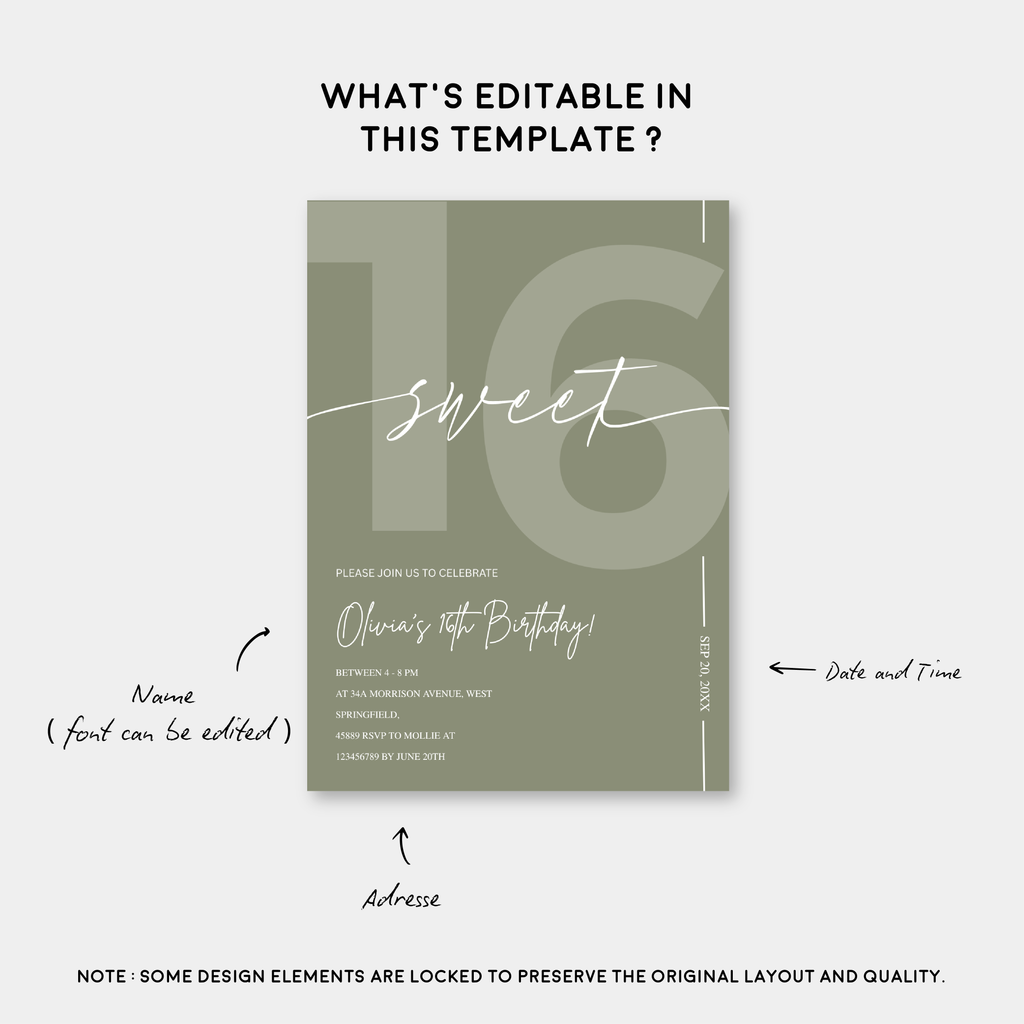 Modern Sage Green Sweet 16th Birthday Invitation – Editable Canva Template