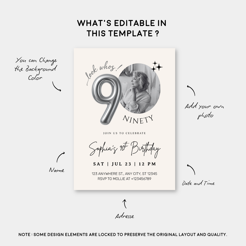 Editable 90th Birthday Photo Invitation Canva Template Silver Balloon Minimalist Party Invite Instant Download