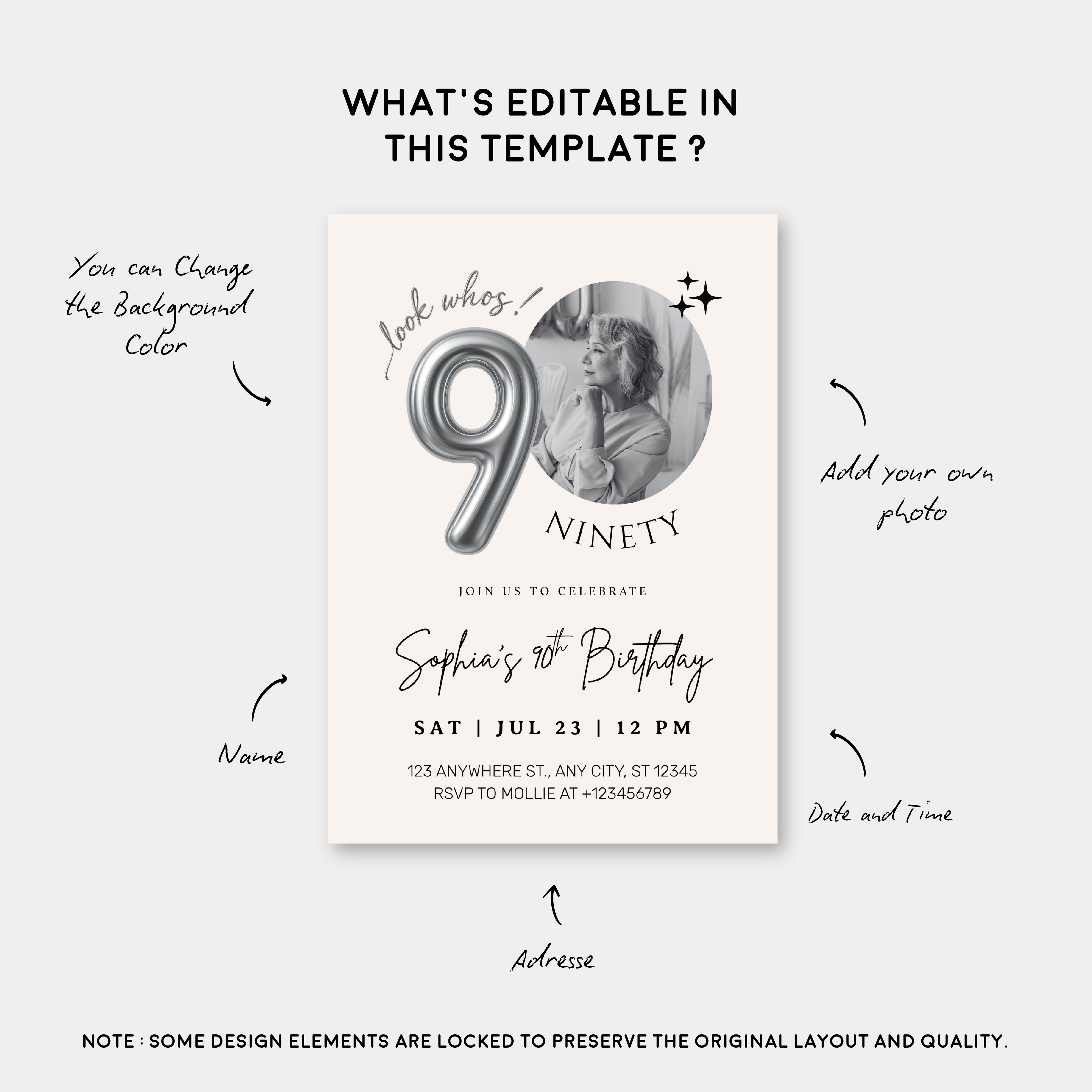 Editable 90th Birthday Photo Invitation Canva Template Silver Balloon Minimalist Party Invite Instant Download