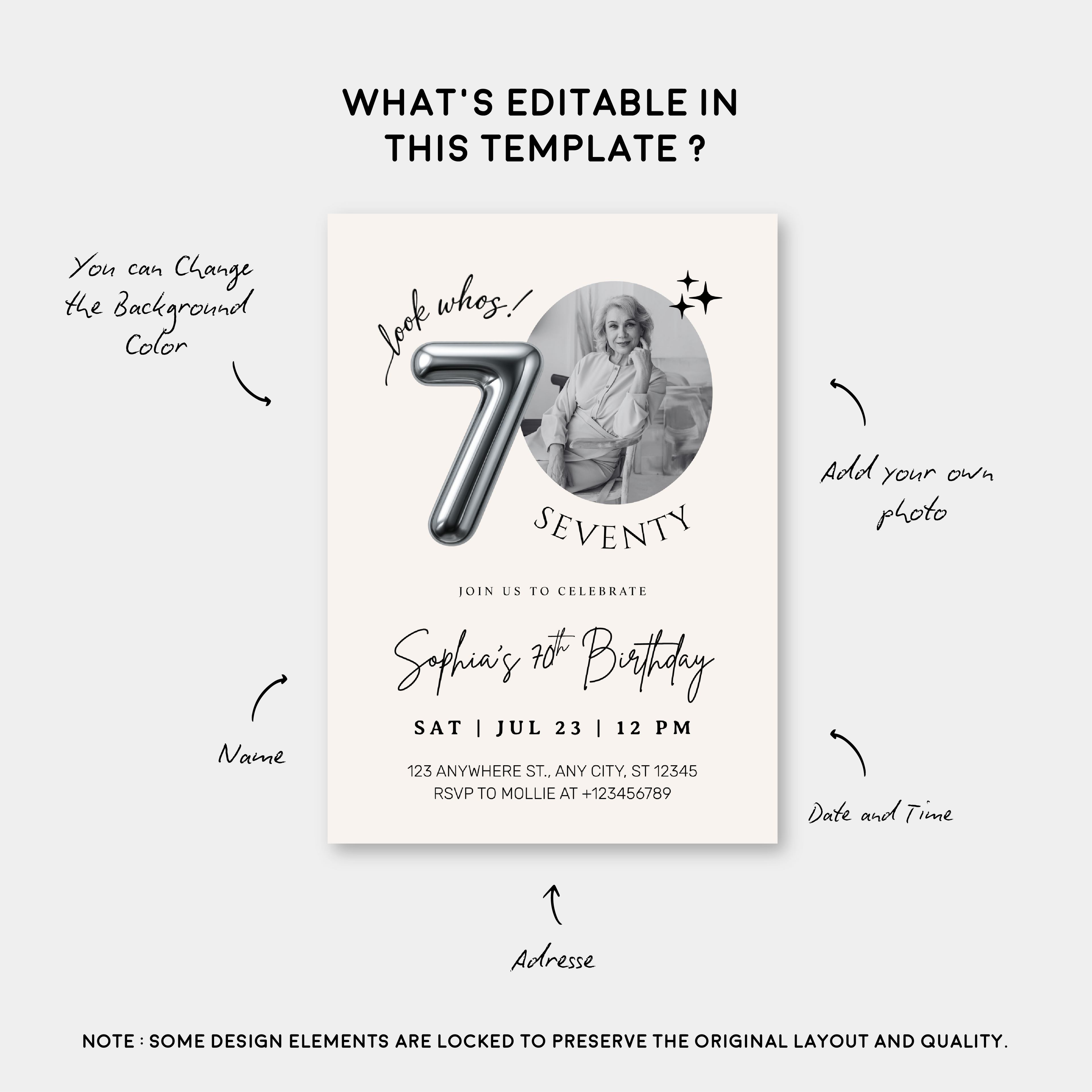 Editable 70th Birthday Photo Invitation Canva Template Silver Balloon Minimalist Party Invite Instant Download