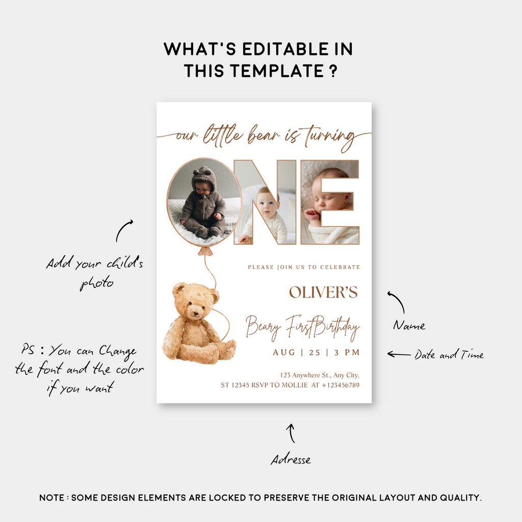 Editable Beary First Birthday Photo Invitation | Teddy Bear 1st Birthday Canva Template – Instant Download