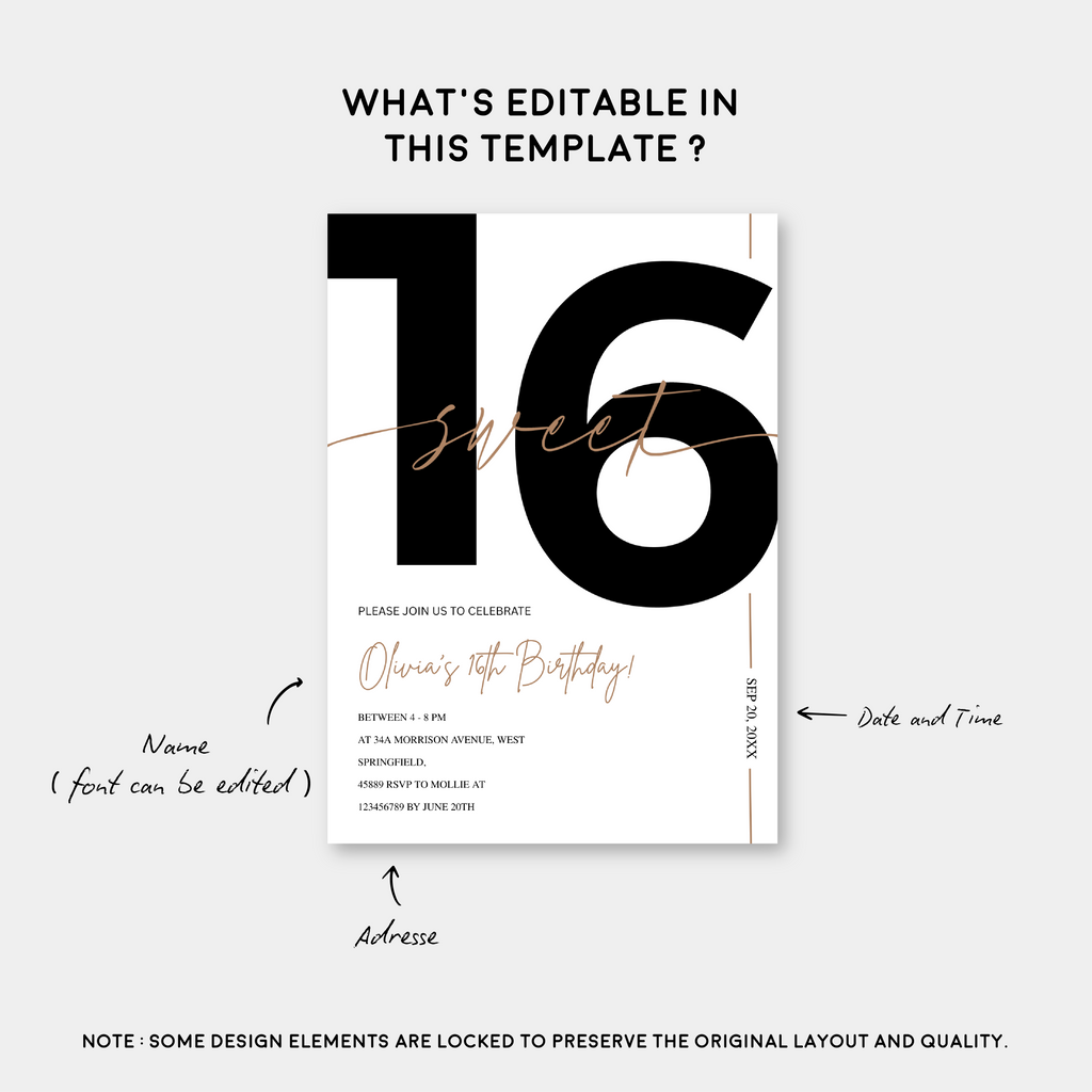 Modern White & Gold Sweet 16th Birthday Invitation – Editable Canva Template