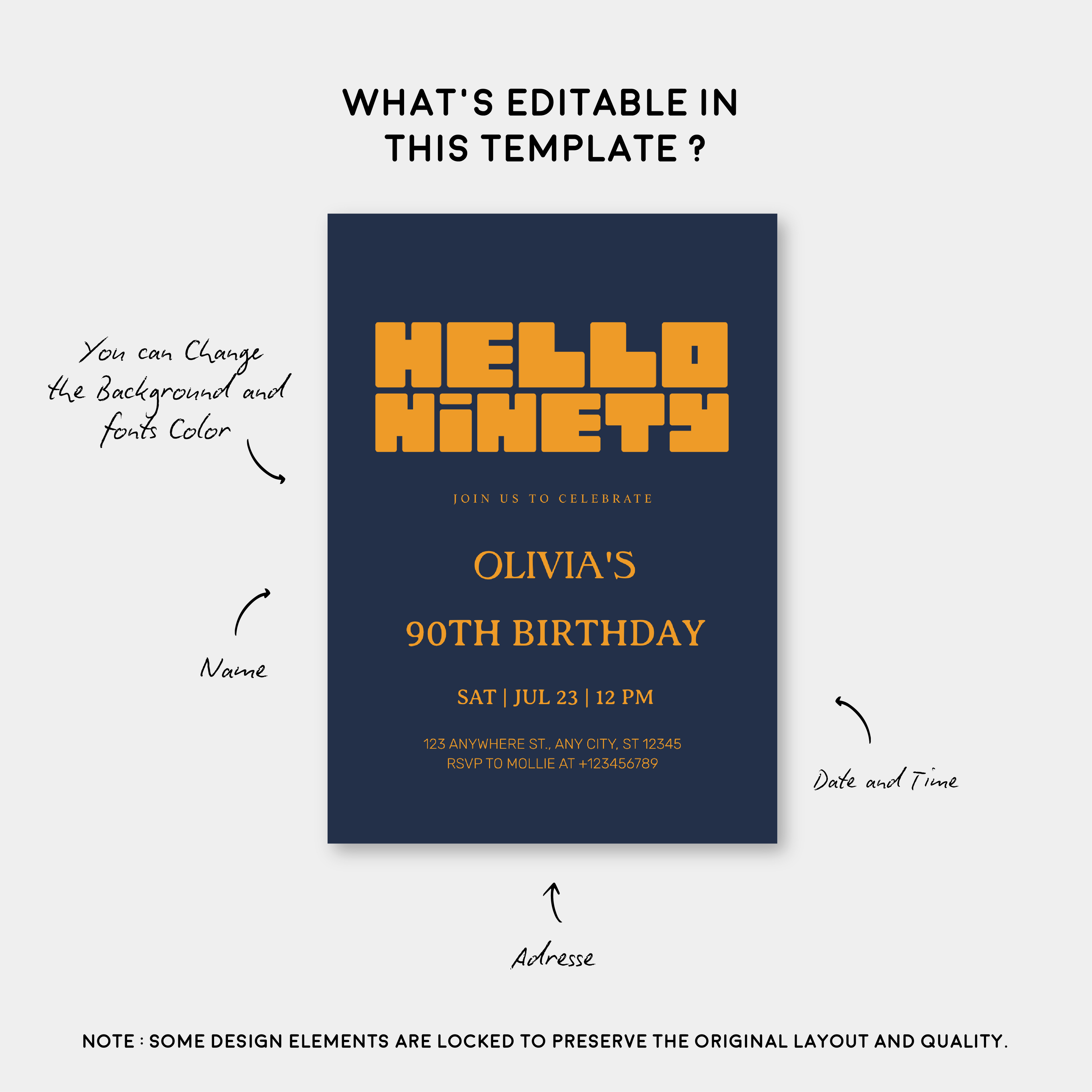Hello Ninety Navy Blue 90th Birthday Invitation | Modern Milestone Party Invite | Elegant Birthday Celebration