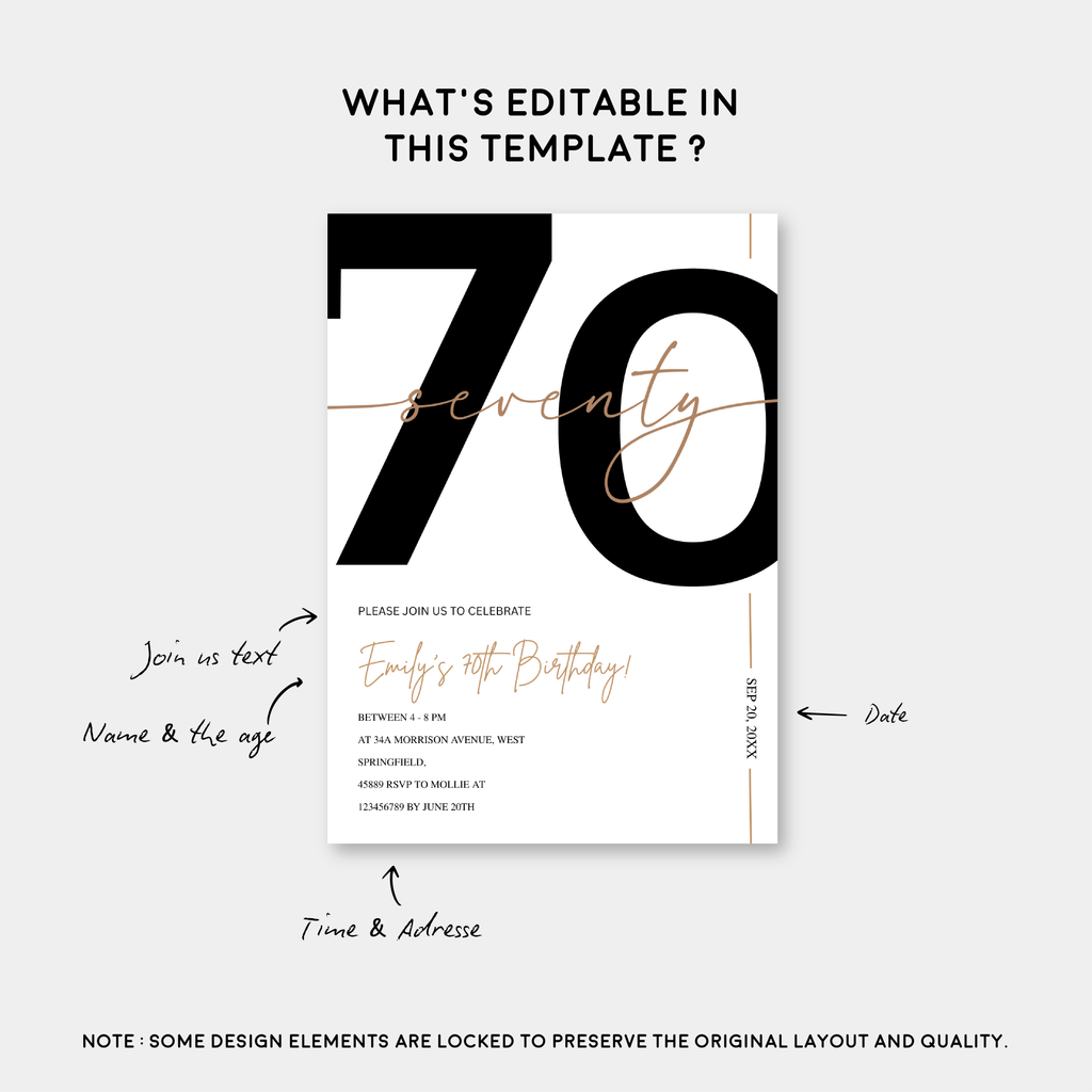 Modern Minimalist White & Gold 70th Birthday Party Invitation – Editable Canva Template