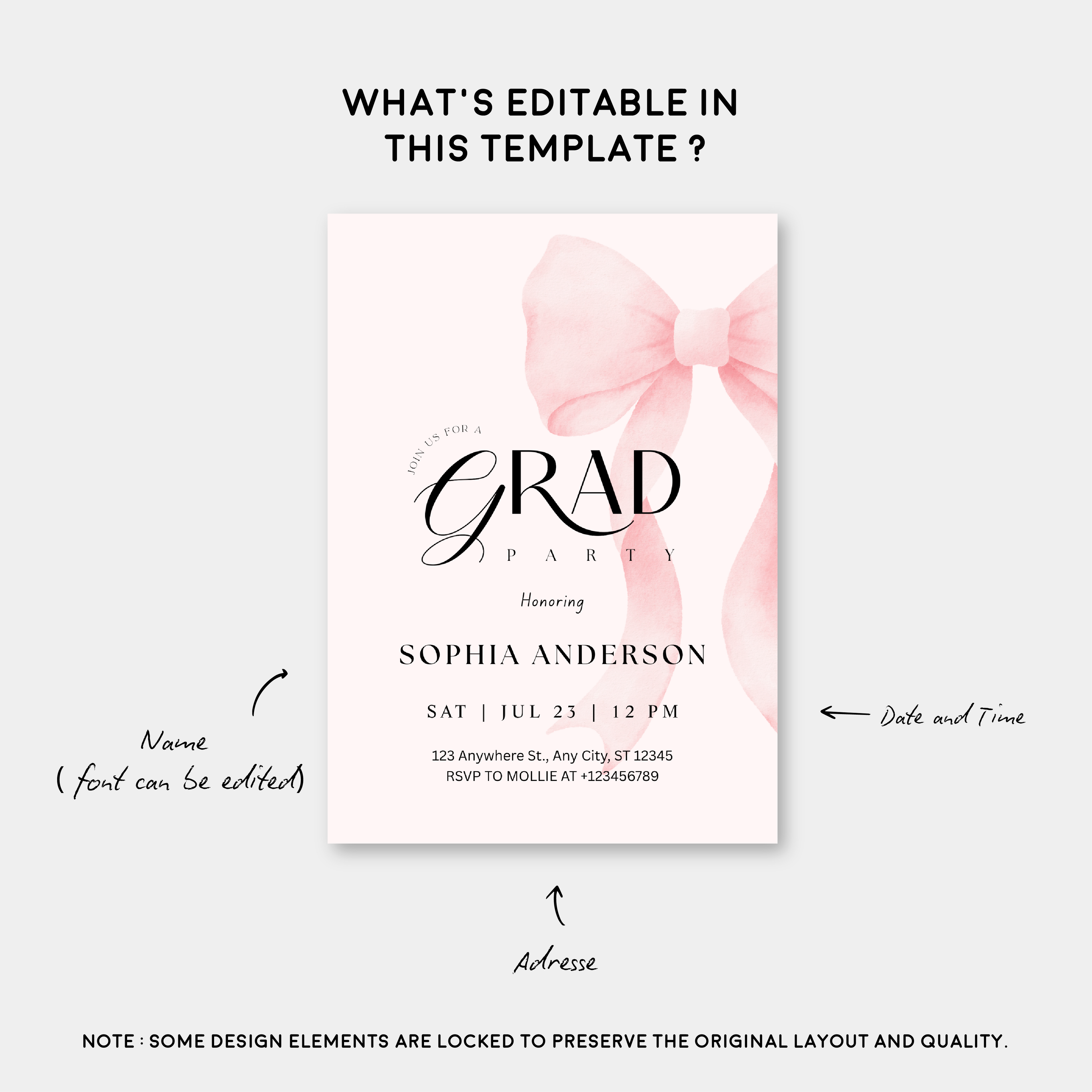 Elegant Blush Pink Bow Graduation Invitation with Photo | Editable Graduation Party Invite