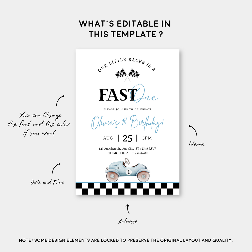 Editable “Fast ONE” Race Car 1st Birthday Invitation | Blue Vintage Car Canva Template – Instant Download