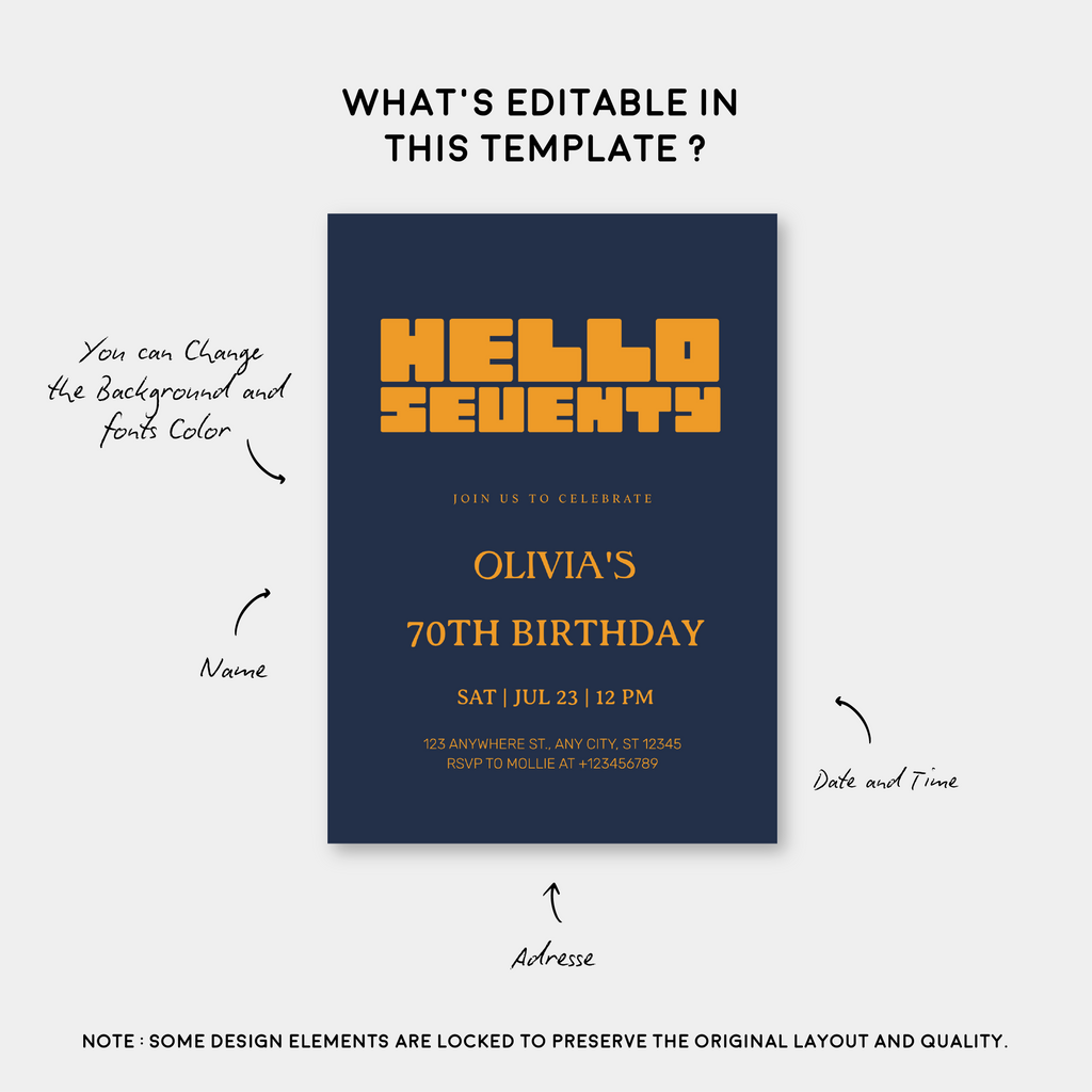 Hello Seventy Navy Blue 70th Birthday Invitation | Modern Milestone Party Invite | Elegant Birthday Celebration