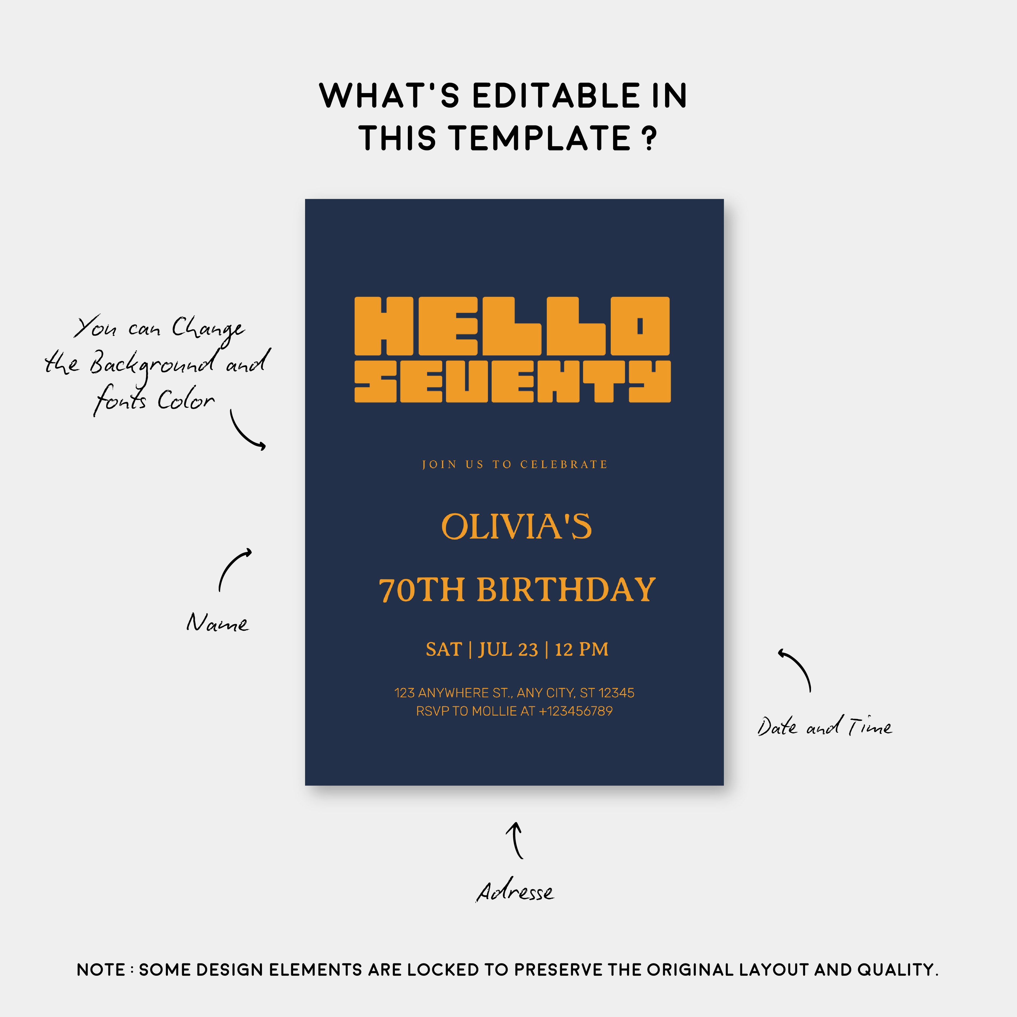Hello Seventy Navy Blue 70th Birthday Invitation | Modern Milestone Party Invite | Elegant Birthday Celebration