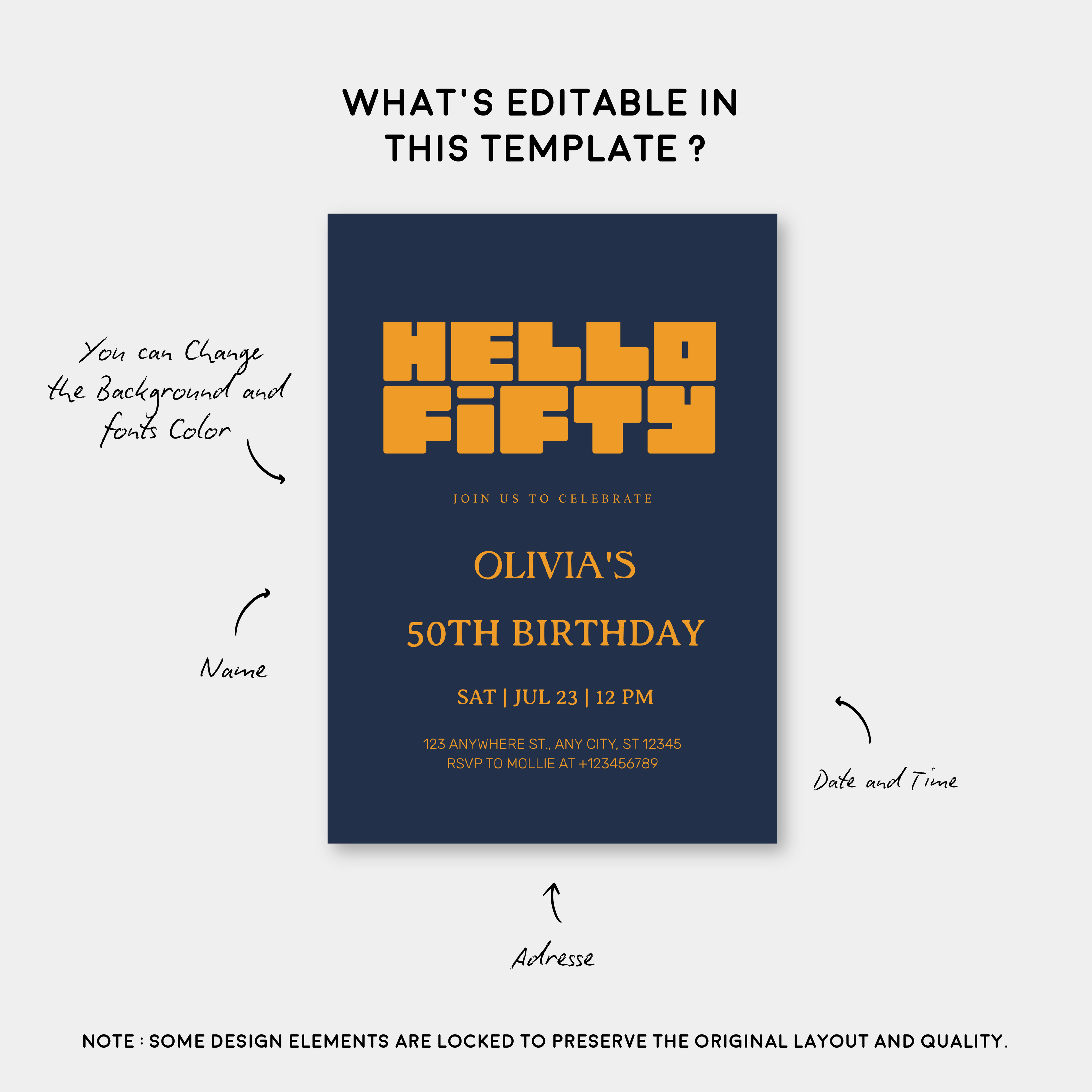 Hello Fifty Navy Blue 50th Birthday Invitation | Modern Milestone Party Invite | Elegant Birthday Celebration