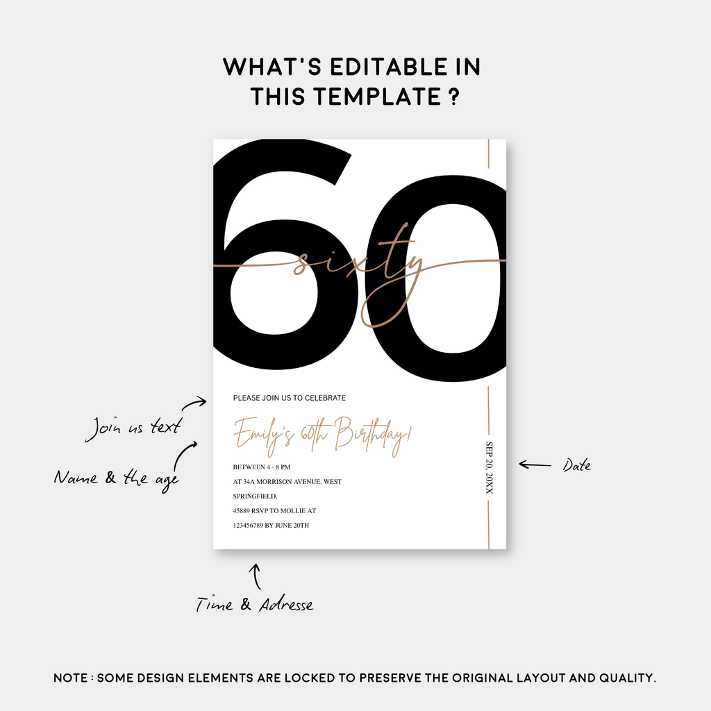 Modern Minimalist White & Gold 60th Birthday Party Invitation – Editable Canva Template