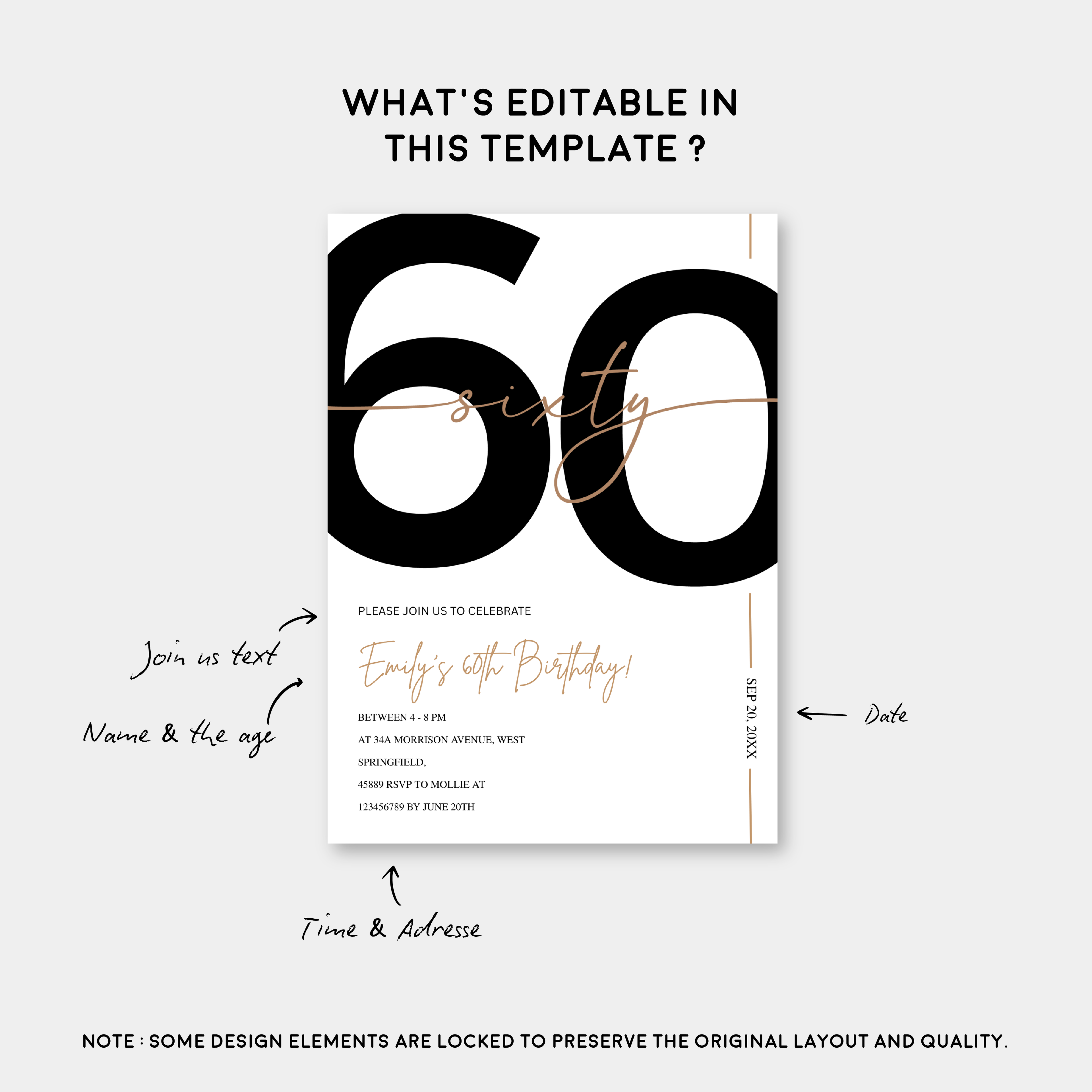 Modern Minimalist White & Gold 60th Birthday Party Invitation – Editable Canva Template