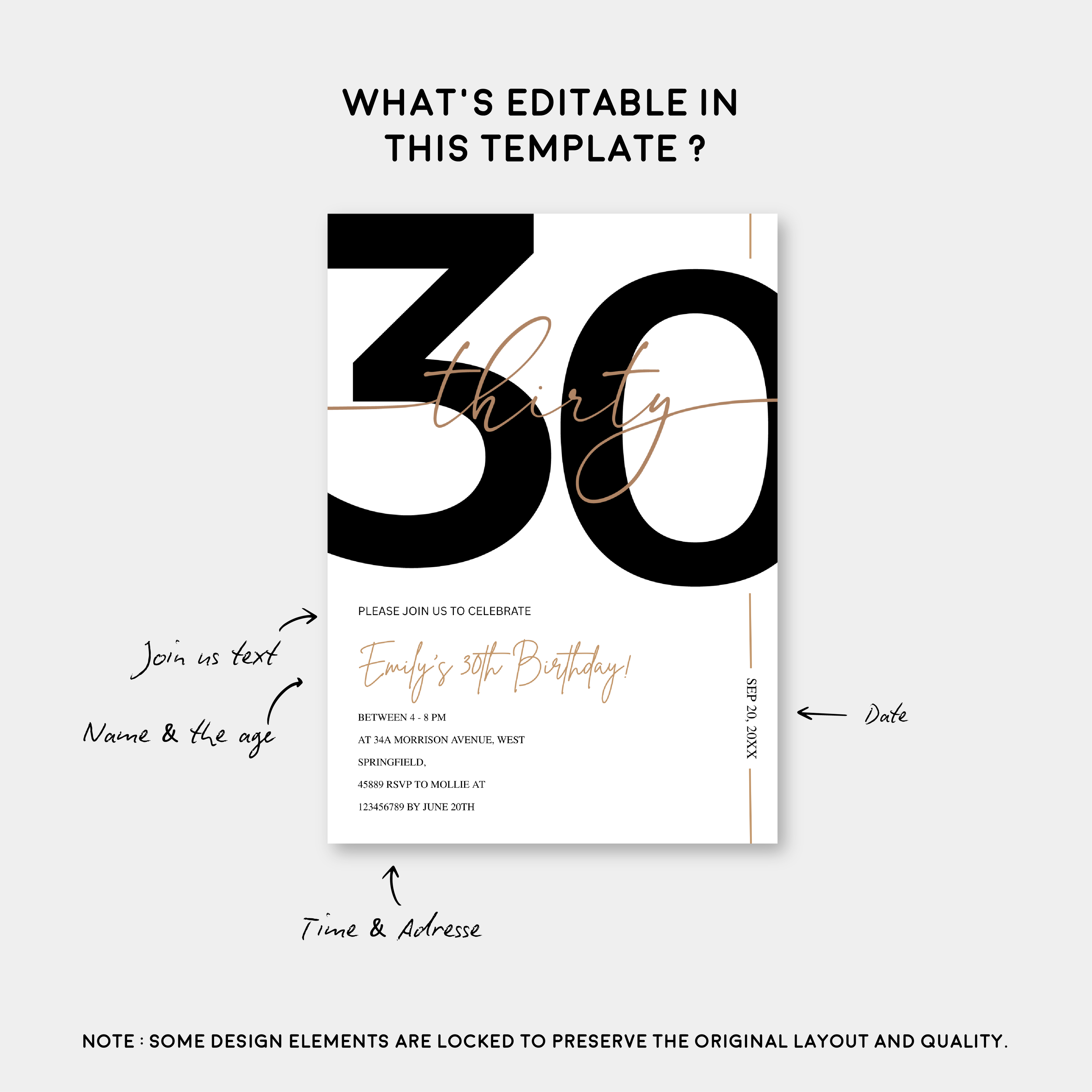 Modern Minimalist White & Gold 30th Birthday Party Invitation – Editable Canva Template