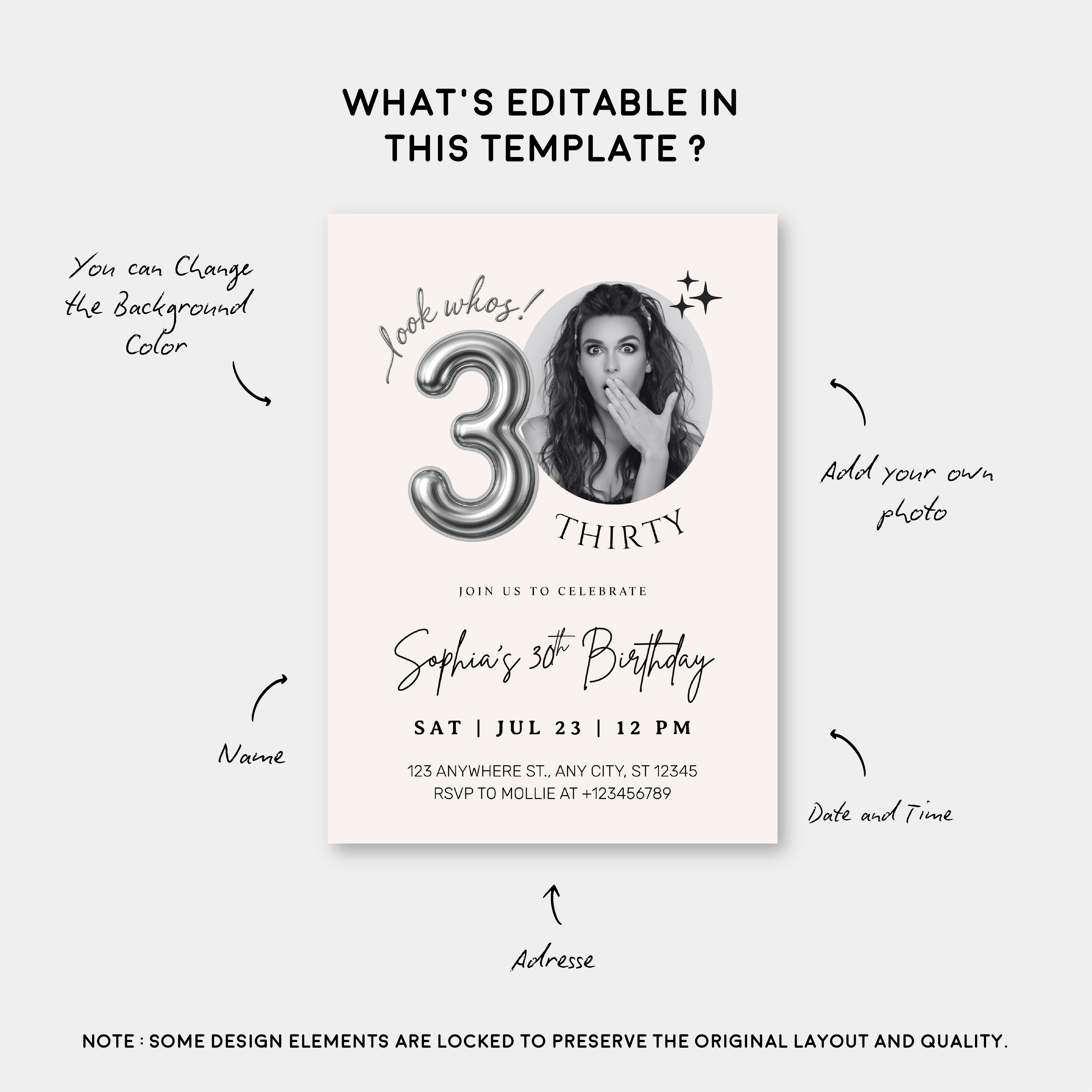 Editable 30th Birthday Photo Invitation Canva Template Silver Balloon Minimalist Party Invite Instant Download