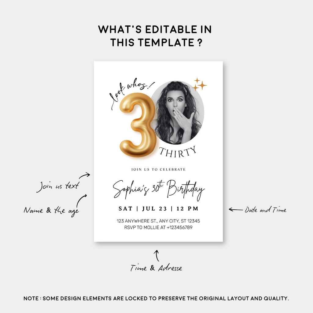 Modern Minimalist 30th Birthday Gold Balloon Photo Invitation Template | Elegant Milestone Party Invite | Editable & Instant Download