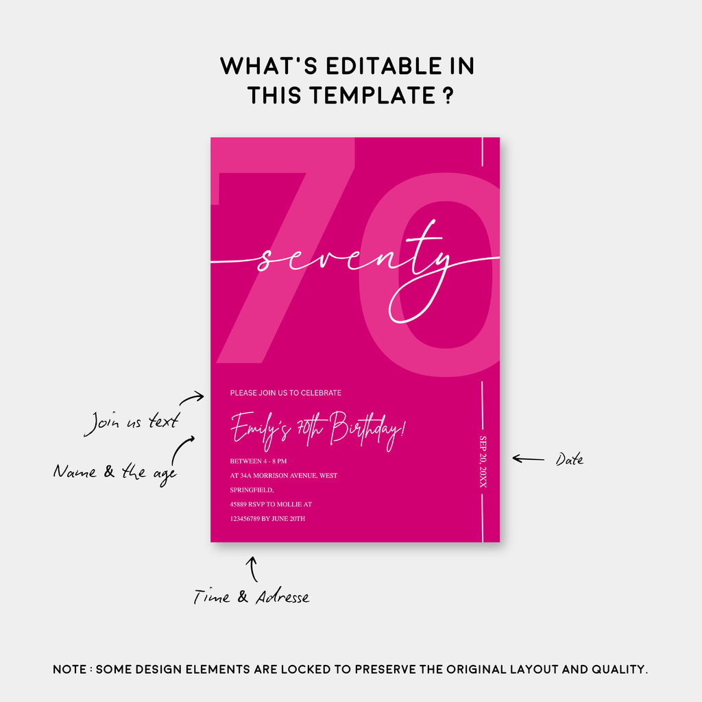 Modern Pink 70th Birthday Invitation | Minimalist Editable Canva Template