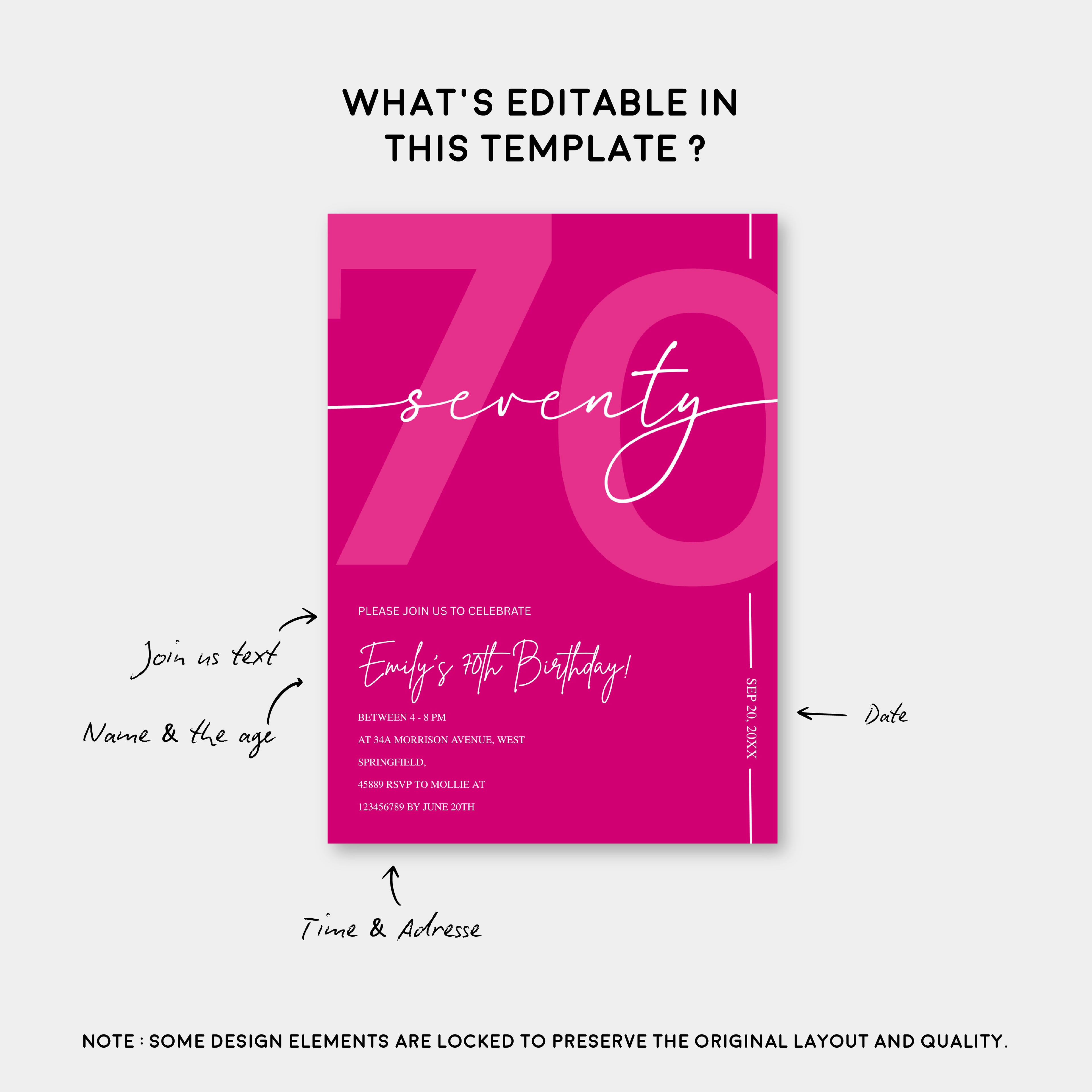 Modern Pink 70th Birthday Invitation | Minimalist Editable Canva Template