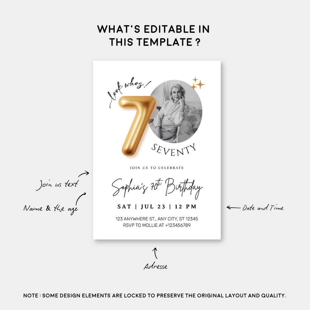 Modern Minimalist 70th Birthday Gold Balloon Photo Invitation Template | Elegant Milestone Party Invite | Editable & Instant Download