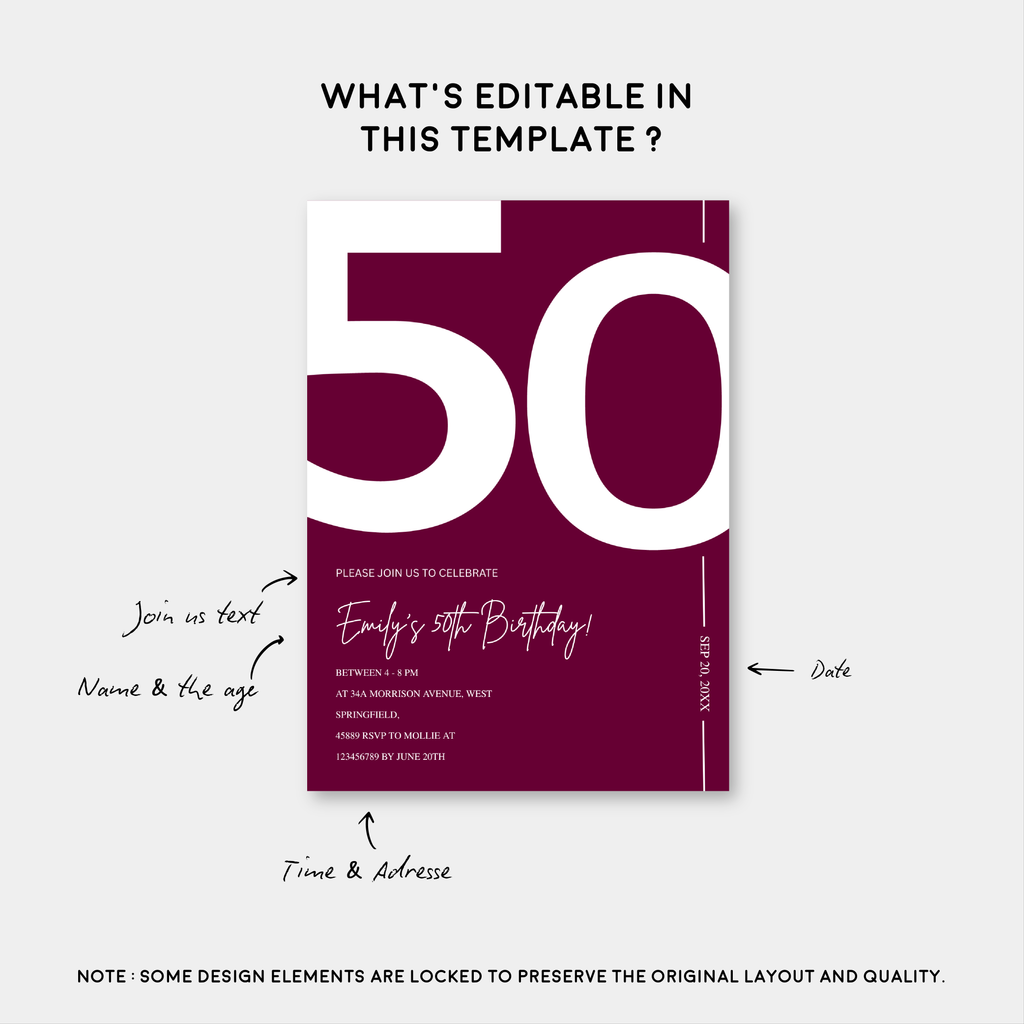 Elegant Burgundy 50th Birthday Invitation Template | Chic Fifty Milestone Party Invite | Editable & Instant Download