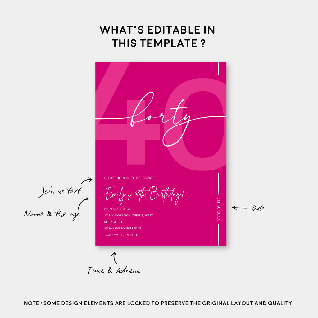 Modern Pink 40th Birthday Invitation | Minimalist Editable Canva Template