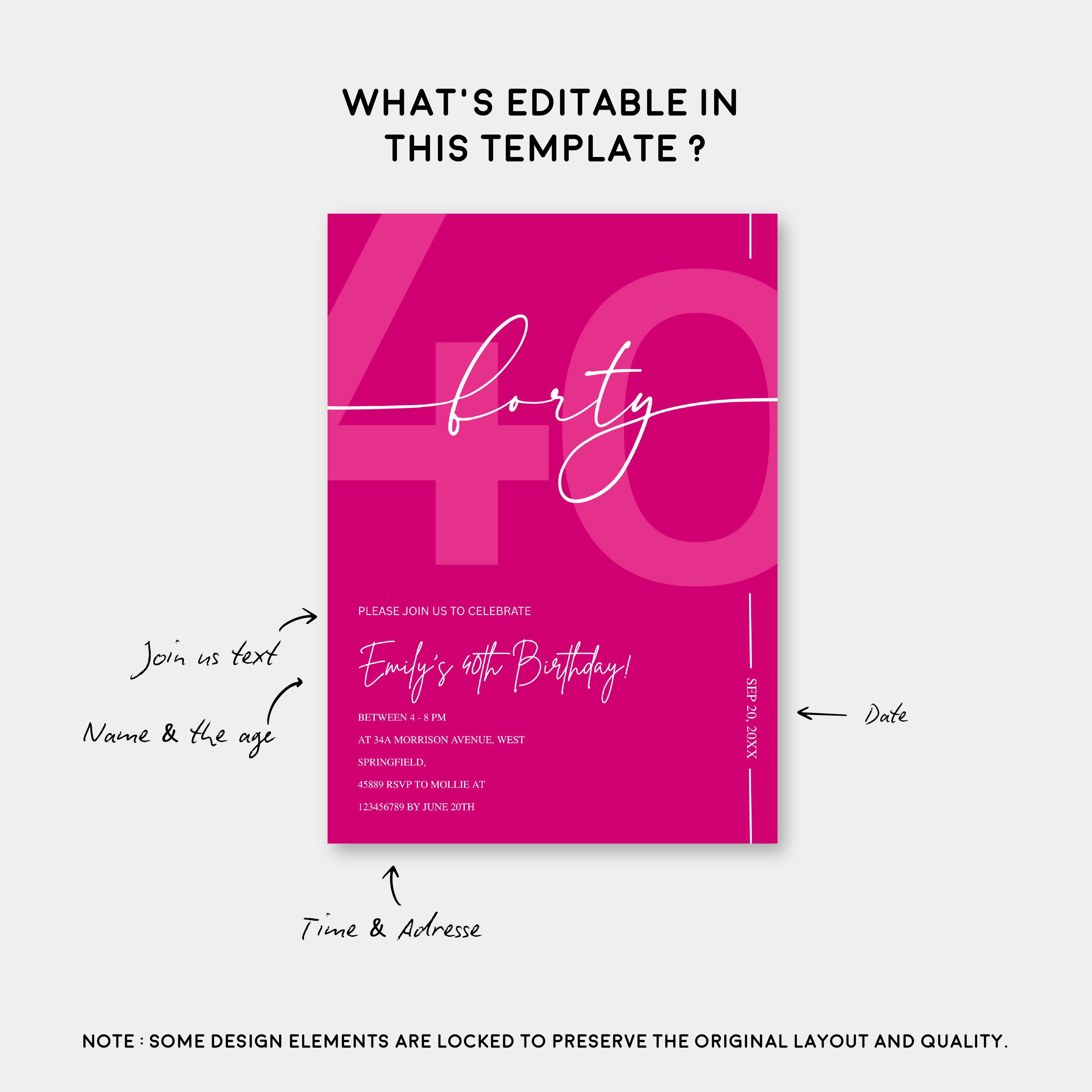Modern Pink 40th Birthday Invitation | Minimalist Editable Canva Template
