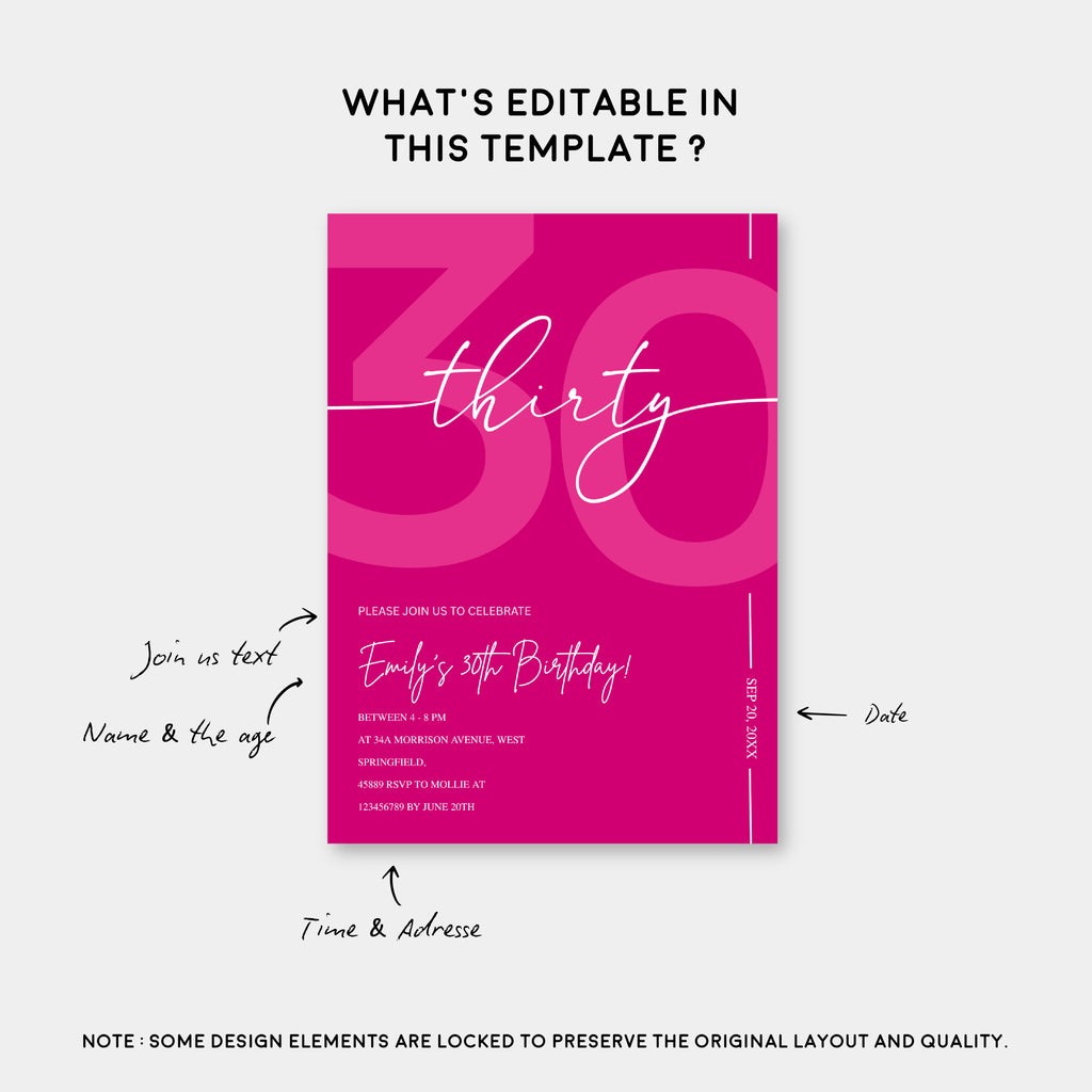 Modern Pink 30th Birthday Invitation | Minimalist Editable Canva Template