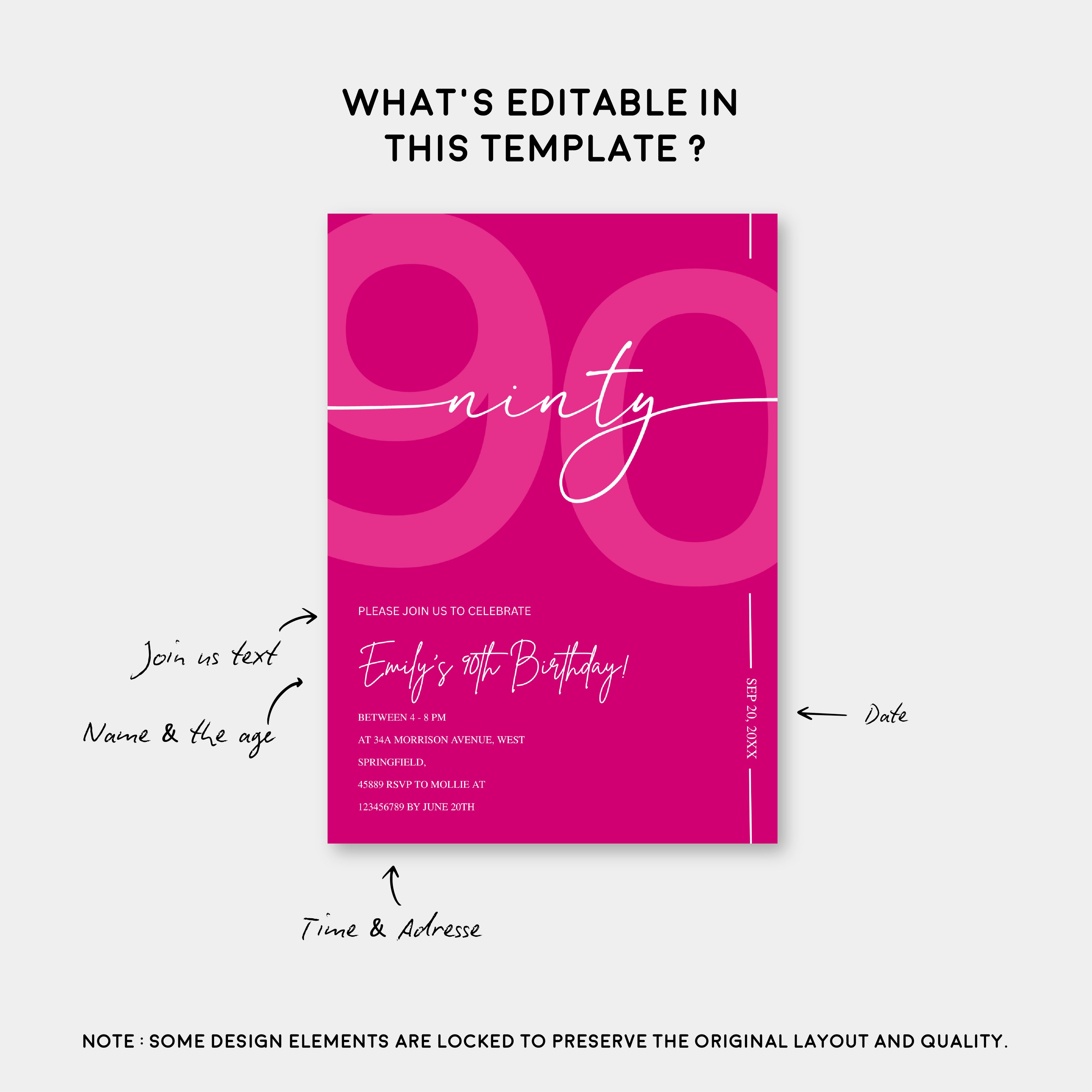 Modern Pink 90th Birthday Invitation | Minimalist Editable Canva Template