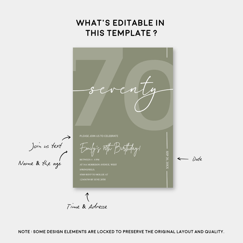 Elegant Sage Green 70th Birthday Invitation Template | Minimalist Seventy Milestone Party Invite | Editable & Instant Download
