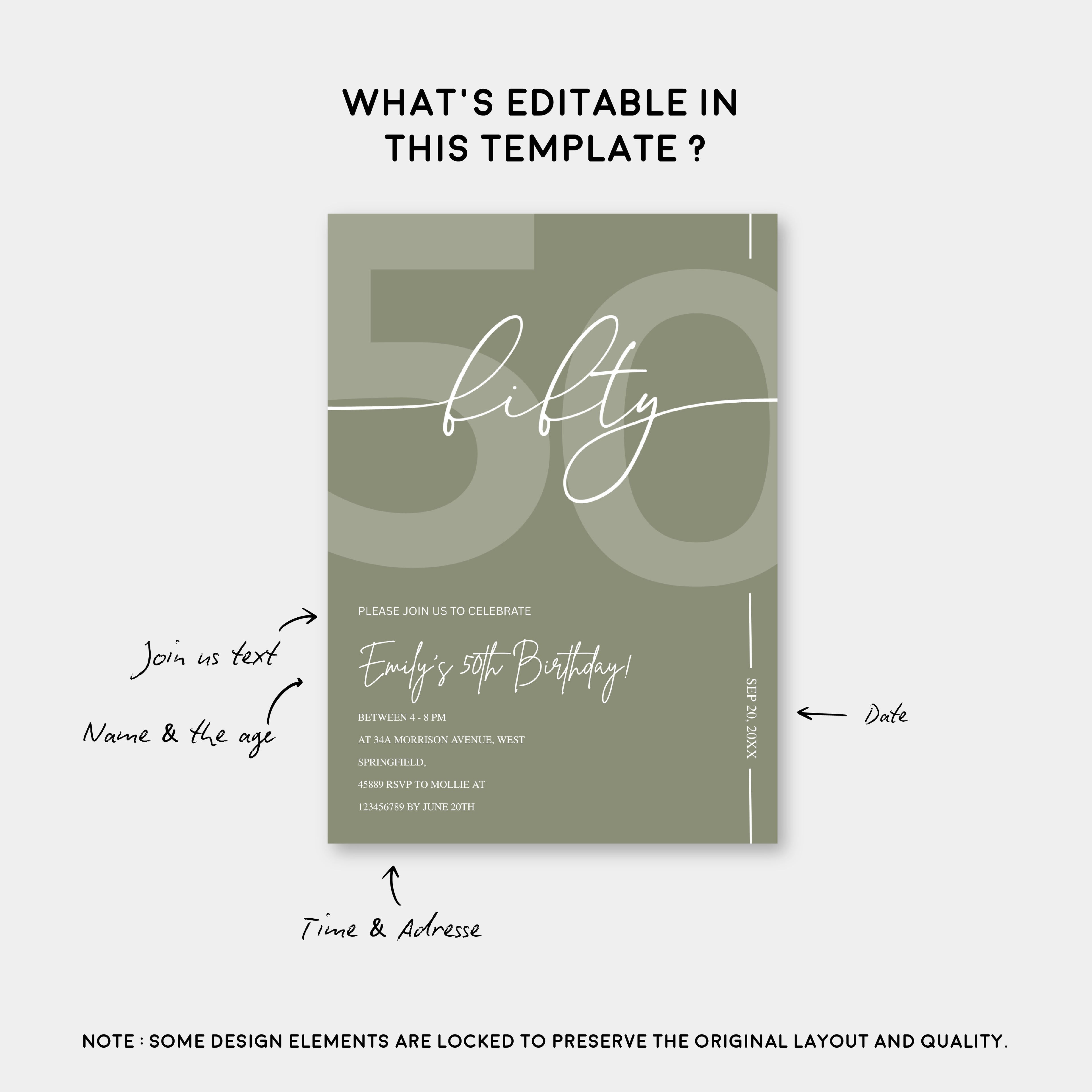 Elegant Sage Green 50th Birthday Invitation Template | Minimalist Fifty Milestone Party Invite | Editable & Instant Download