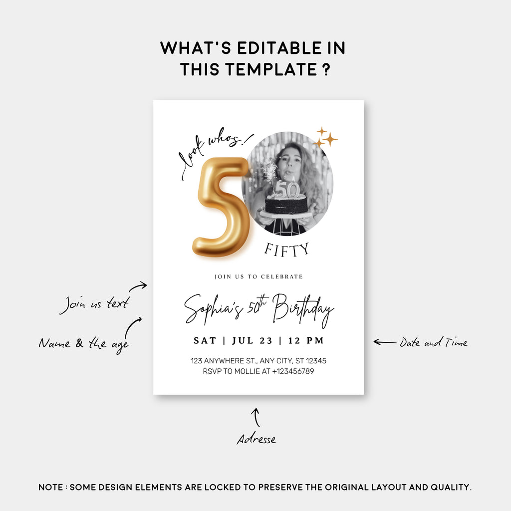 Modern Minimalist 50th Birthday Gold Balloon Photo Invitation Template | Elegant Milestone Party Invite | Editable & Instant Download