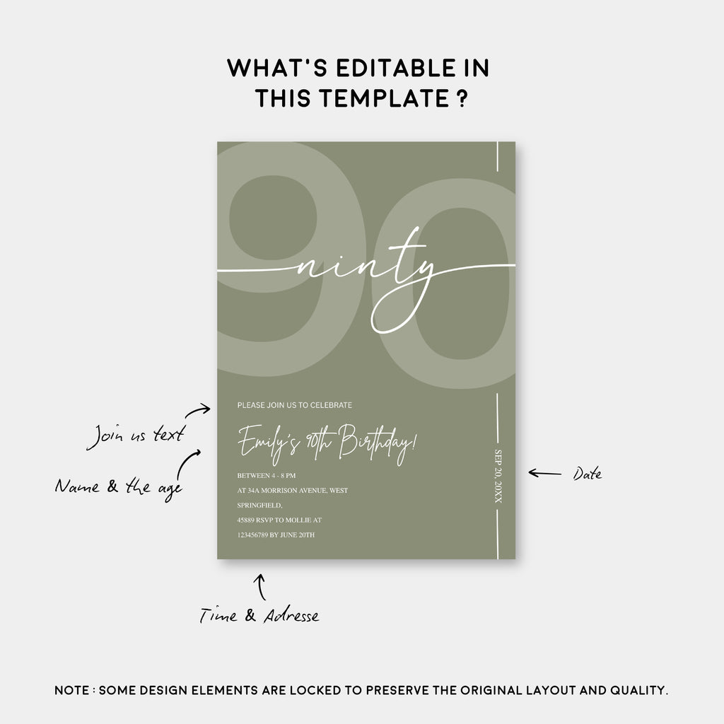 Elegant Sage Green 90th Birthday Invitation Template | Minimalist Ninety Milestone Party Invite | Editable & Instant Download