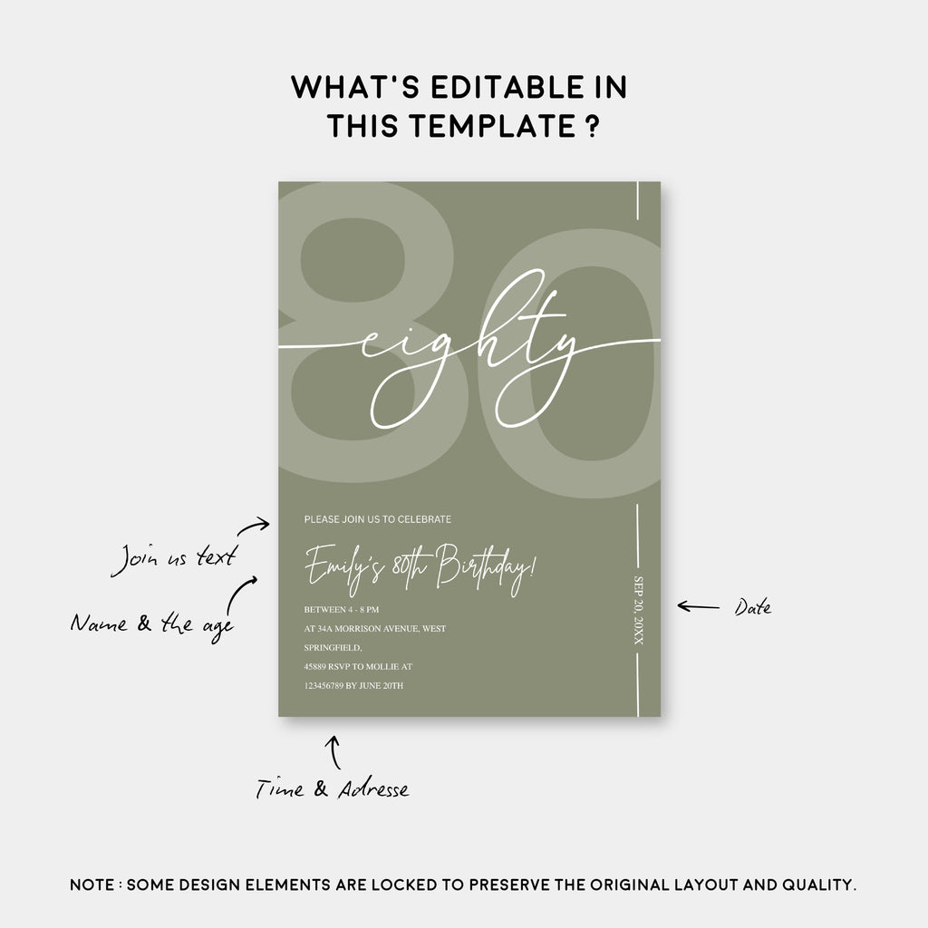 Elegant Sage Green 80th Birthday Invitation Template | Minimalist Eighty Milestone Party Invite | Editable & Instant Download