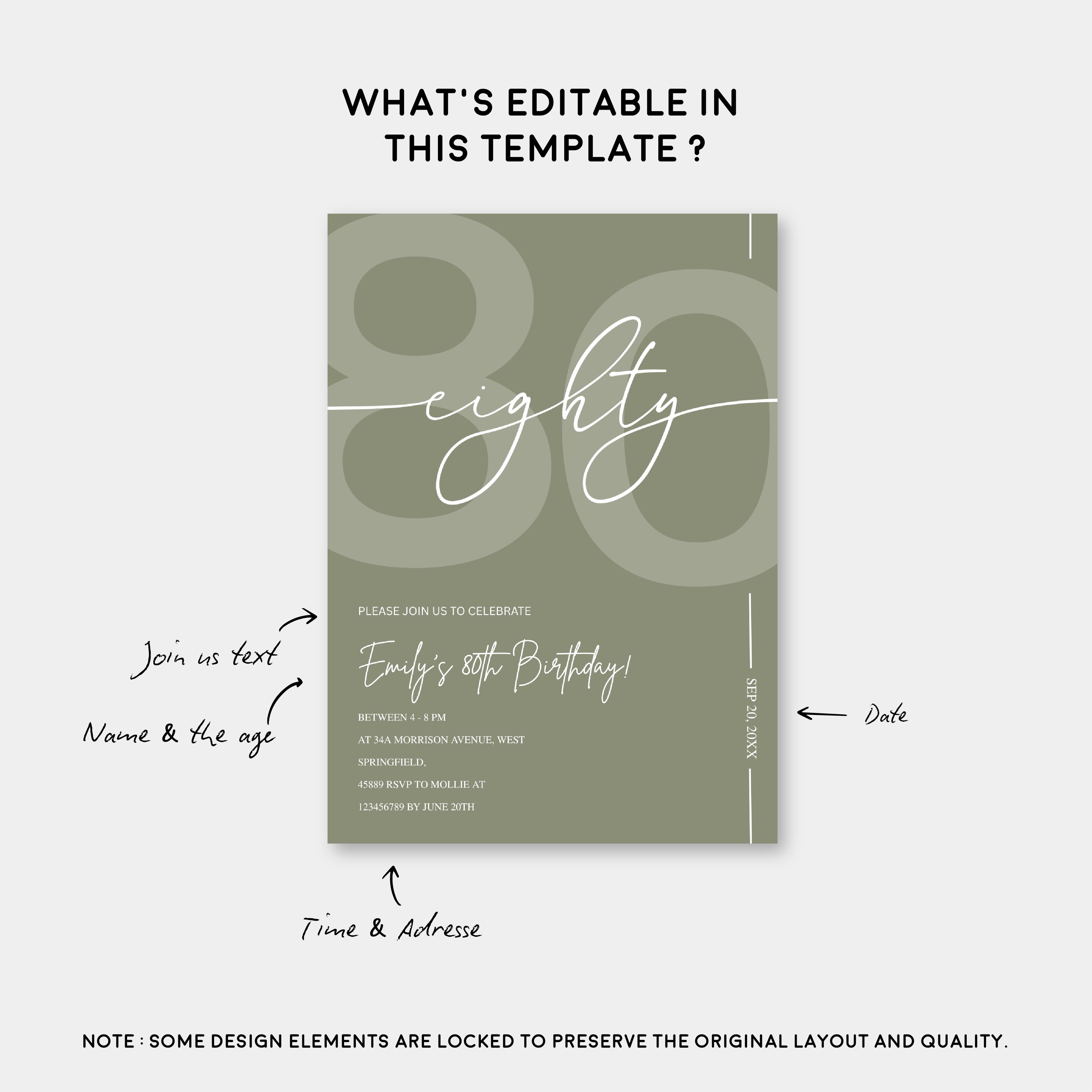 Elegant Sage Green 80th Birthday Invitation Template | Minimalist Eighty Milestone Party Invite | Editable & Instant Download