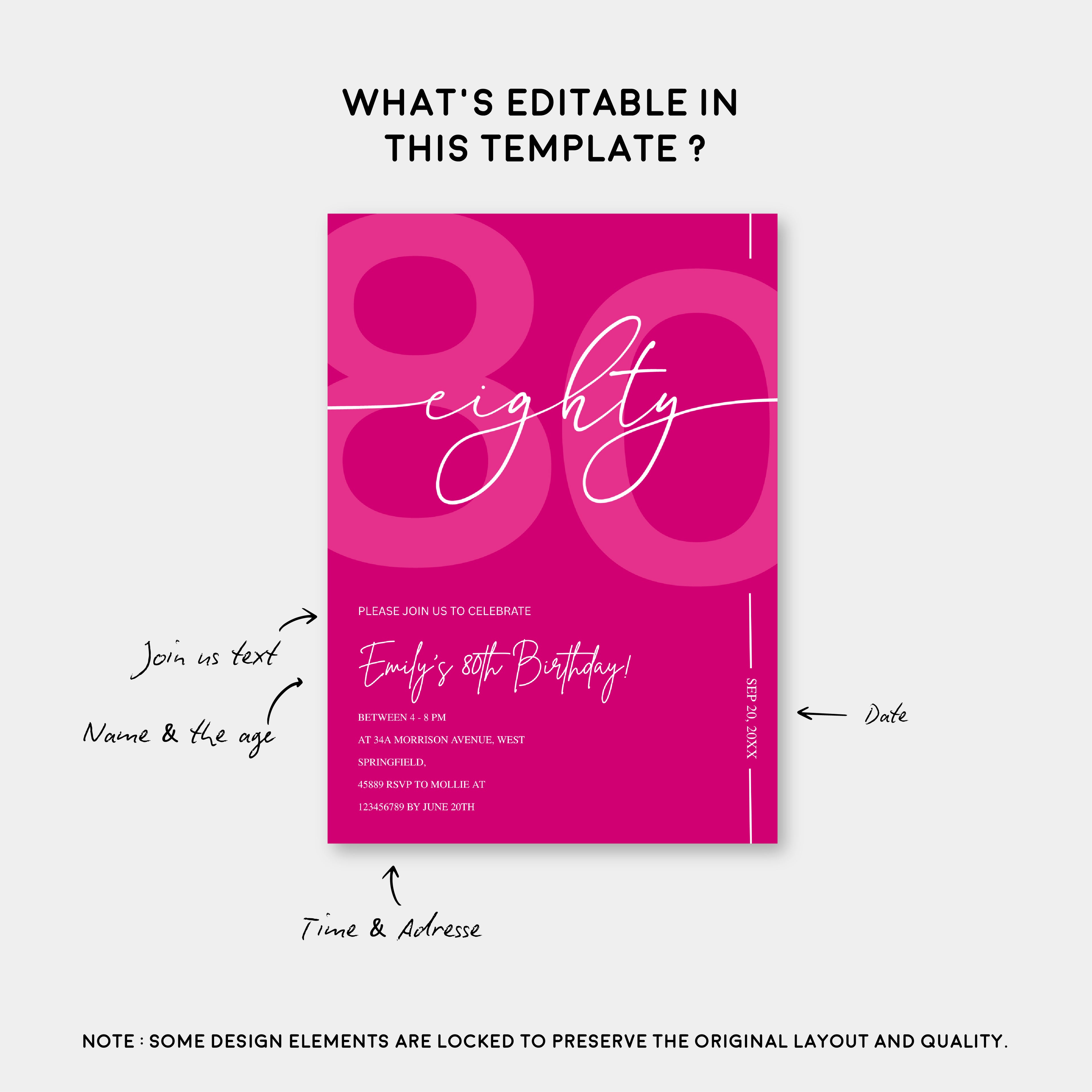 Modern Pink 80th Birthday Invitation | Minimalist Editable Canva Template